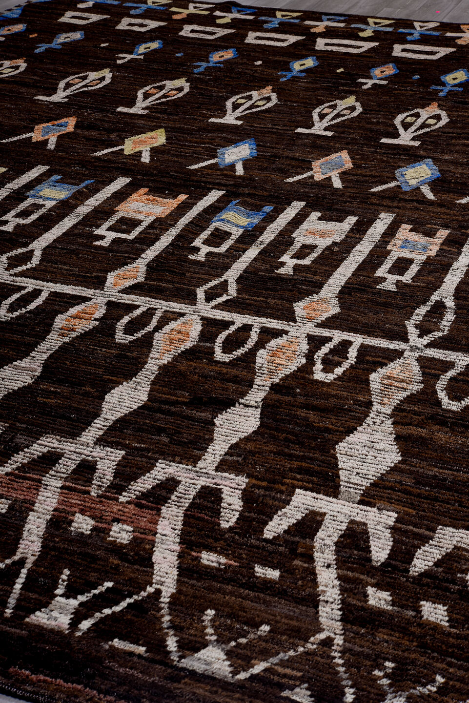 14' x 16' one-of-a-kind handmade vintage Tulu oversize rug. Color palette: brown, ivory, blue, tan, coral, charcoal, beige