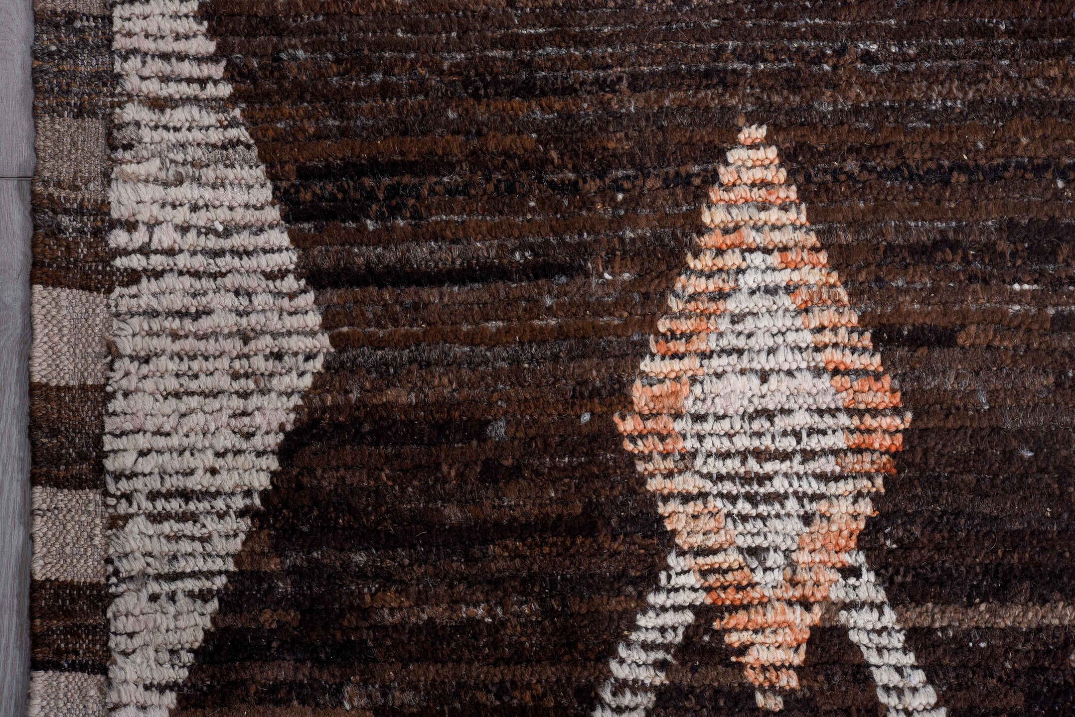 14' x 16' one-of-a-kind handmade vintage Tulu oversize rug. Color palette: brown, ivory, blue, tan, coral, charcoal, beige
