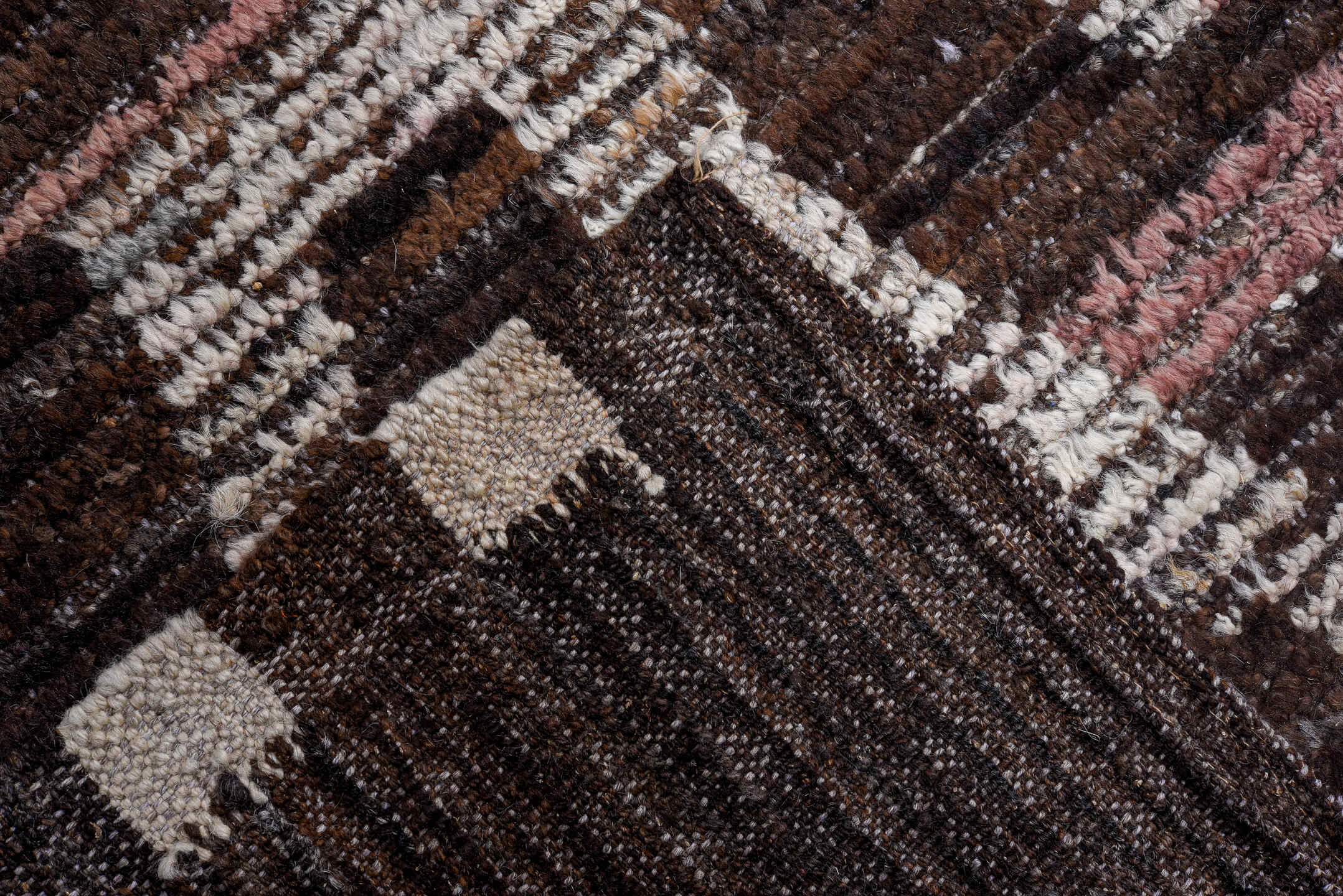 14' x 16' one-of-a-kind handmade vintage Tulu oversize rug. Color palette: brown, ivory, blue, tan, coral, charcoal, beige