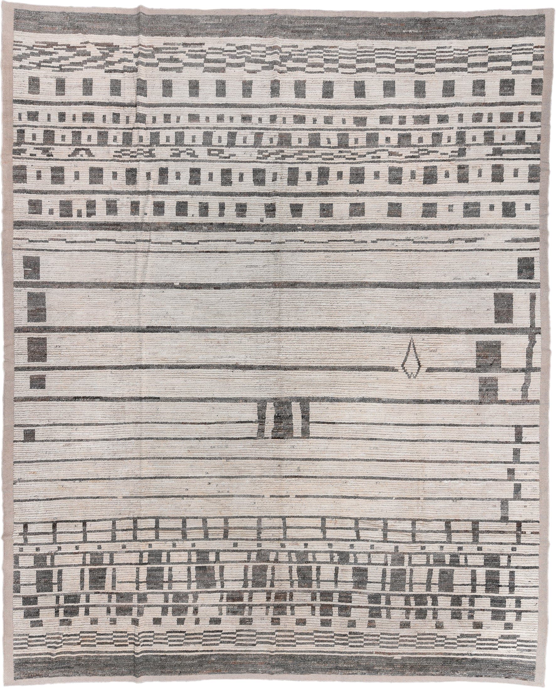 14' x 17' one-of-a-kind handmade vintage Tulu oversize rug. Color palette: ivory, charcoal, taupe, gray, black, beige