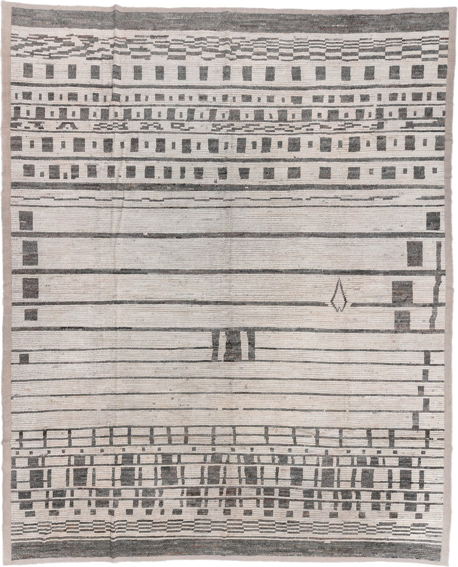 14' x 17' one-of-a-kind handmade vintage Tulu oversize rug. Color palette: ivory, charcoal, taupe, gray, black, beige