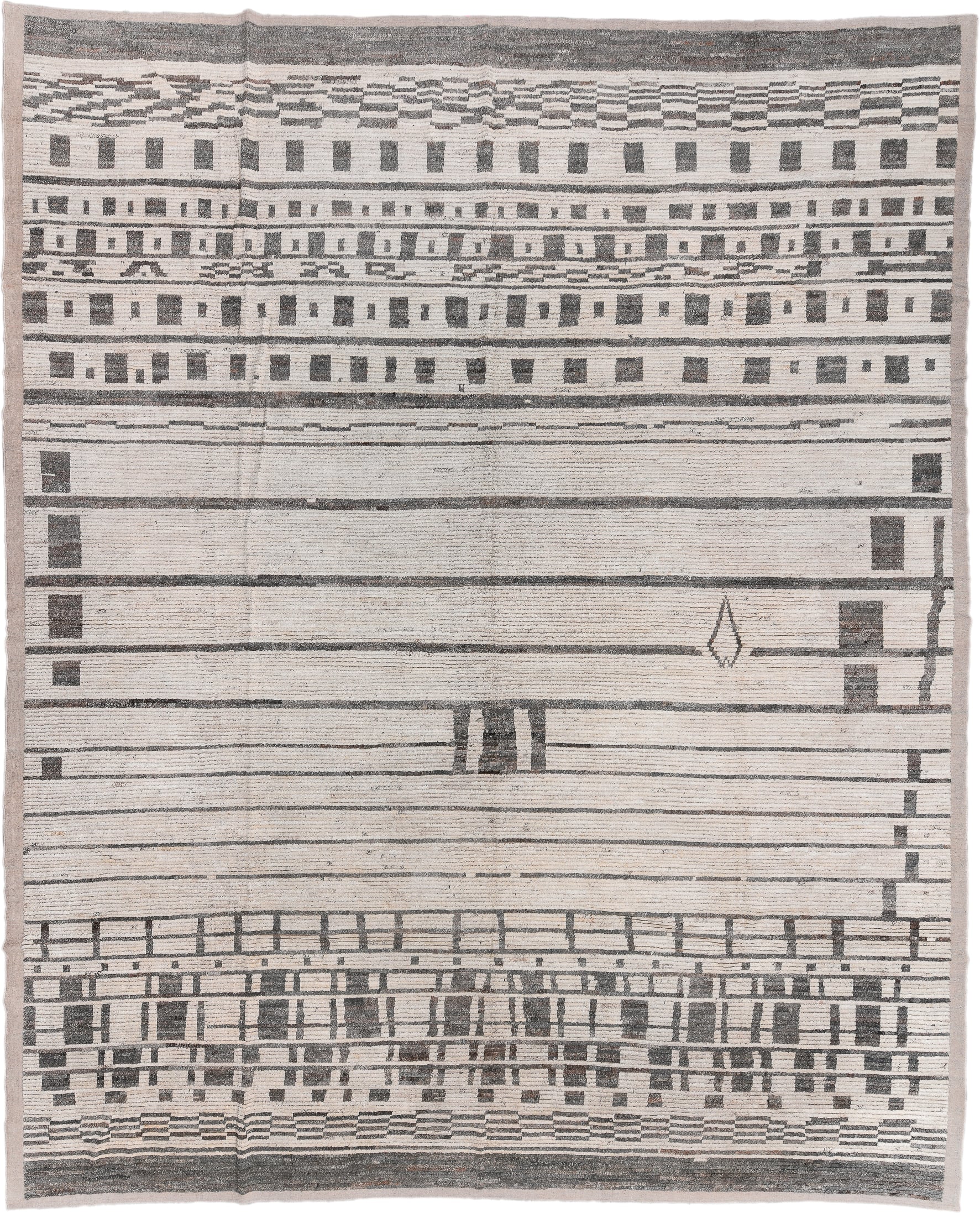 14' x 17' one-of-a-kind handmade vintage Tulu oversize rug. Color palette: ivory, charcoal, taupe, gray, black, beige