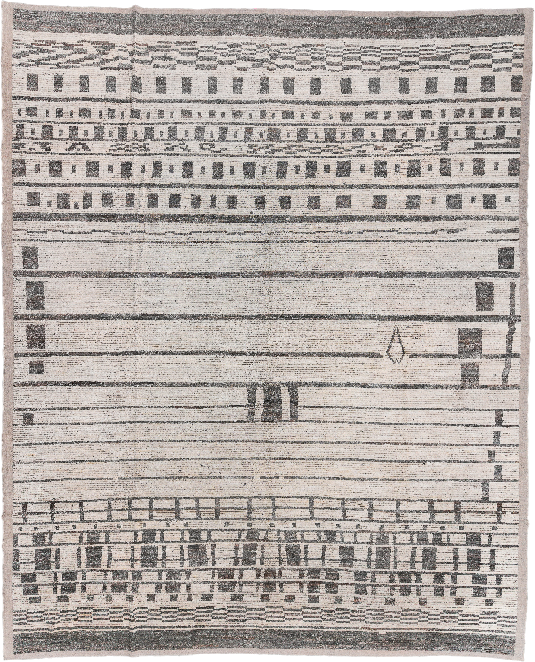 14' x 17' one-of-a-kind handmade vintage Tulu oversize rug. Color palette: ivory, charcoal, taupe, gray, black, beige