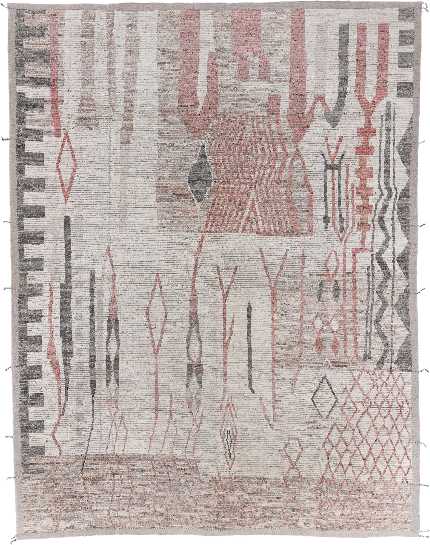 13' x 17' one-of-a-kind handmade vintage Tulu oversize rug. Color palette: ivory, taupe, blush, charcoal, gray, rose, beige