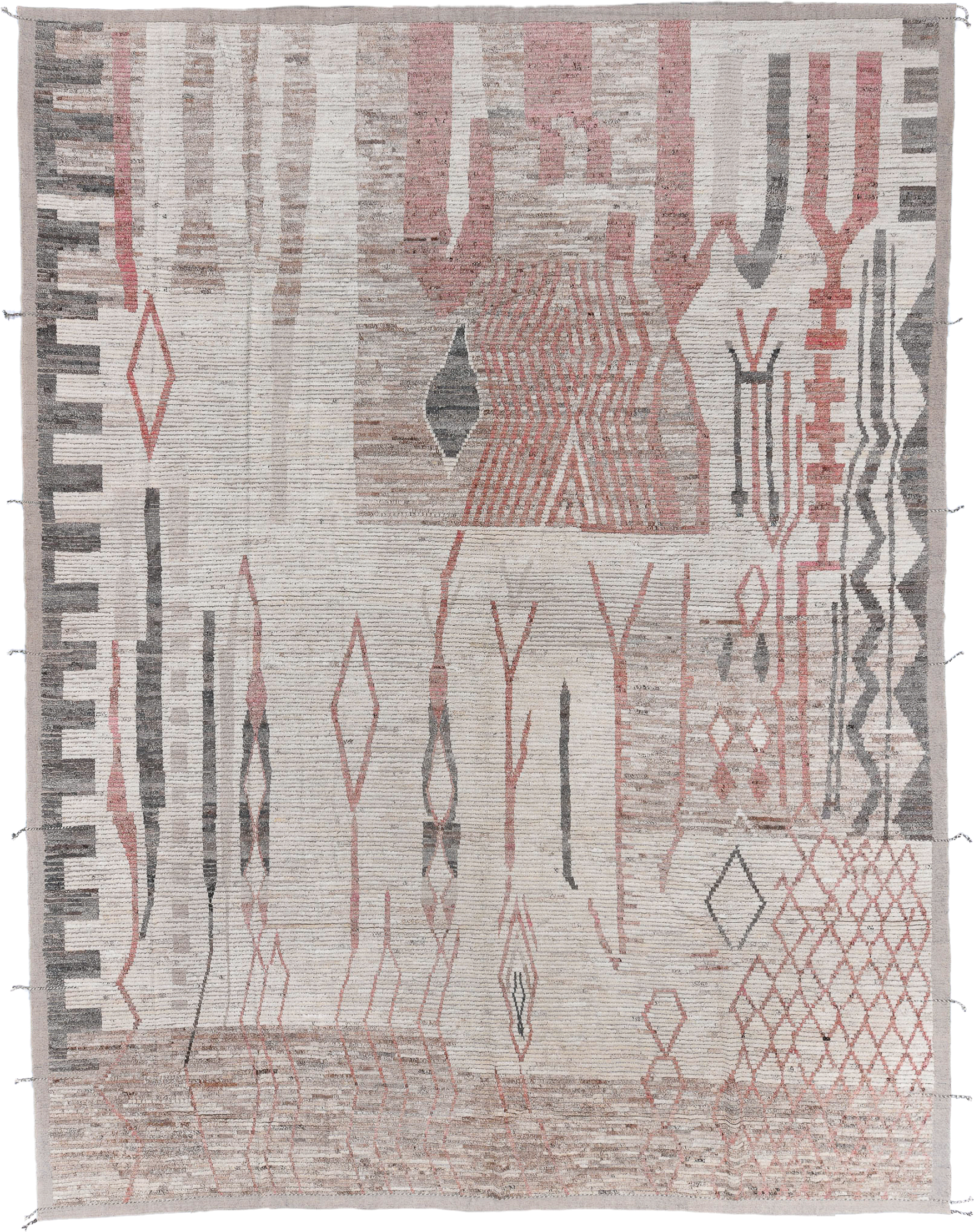 13' x 17' one-of-a-kind handmade vintage Tulu oversize rug. Color palette: ivory, taupe, blush, charcoal, gray, rose, beige