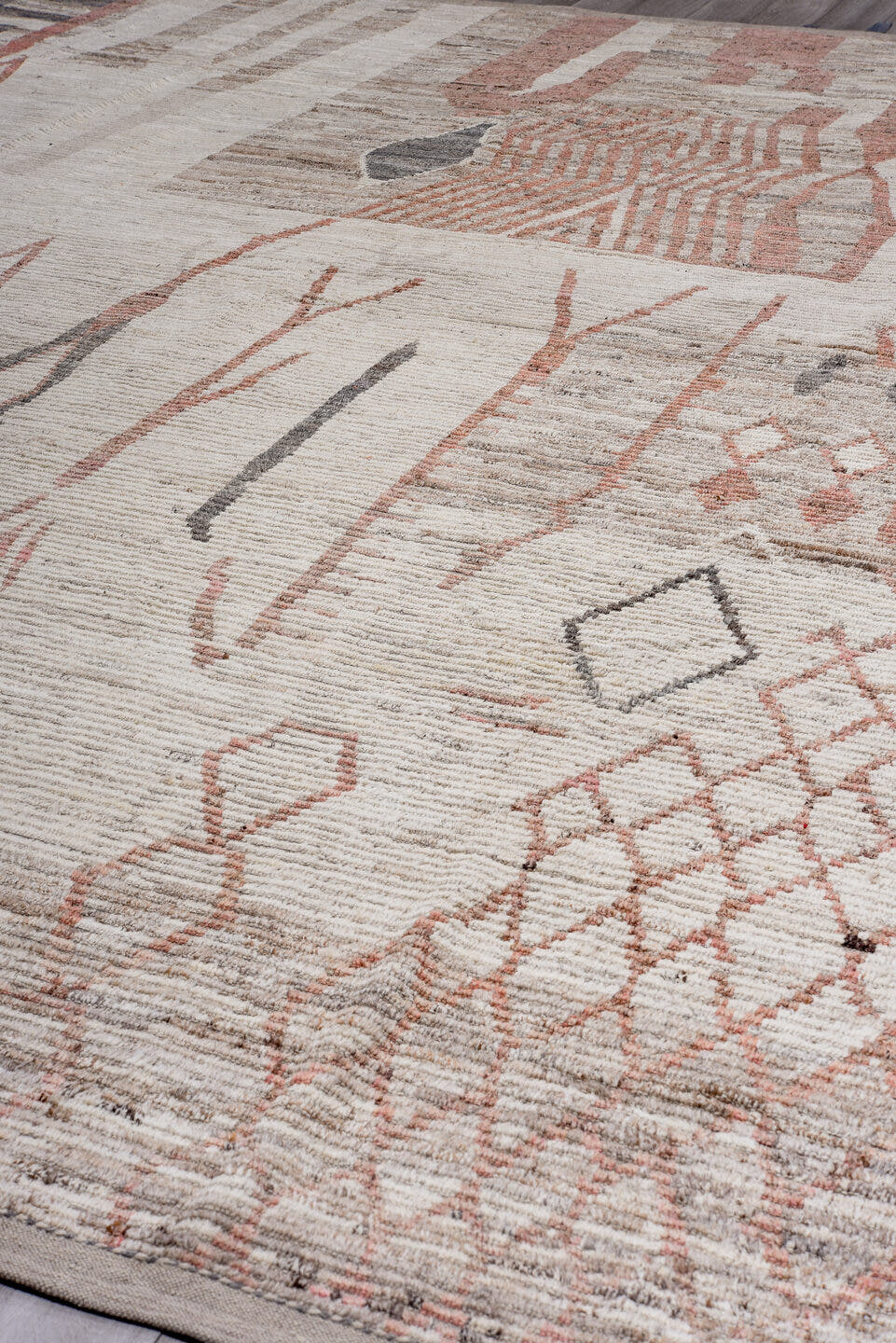 13' x 17' one-of-a-kind handmade vintage Tulu oversize rug. Color palette: ivory, taupe, blush, charcoal, gray, rose, beige