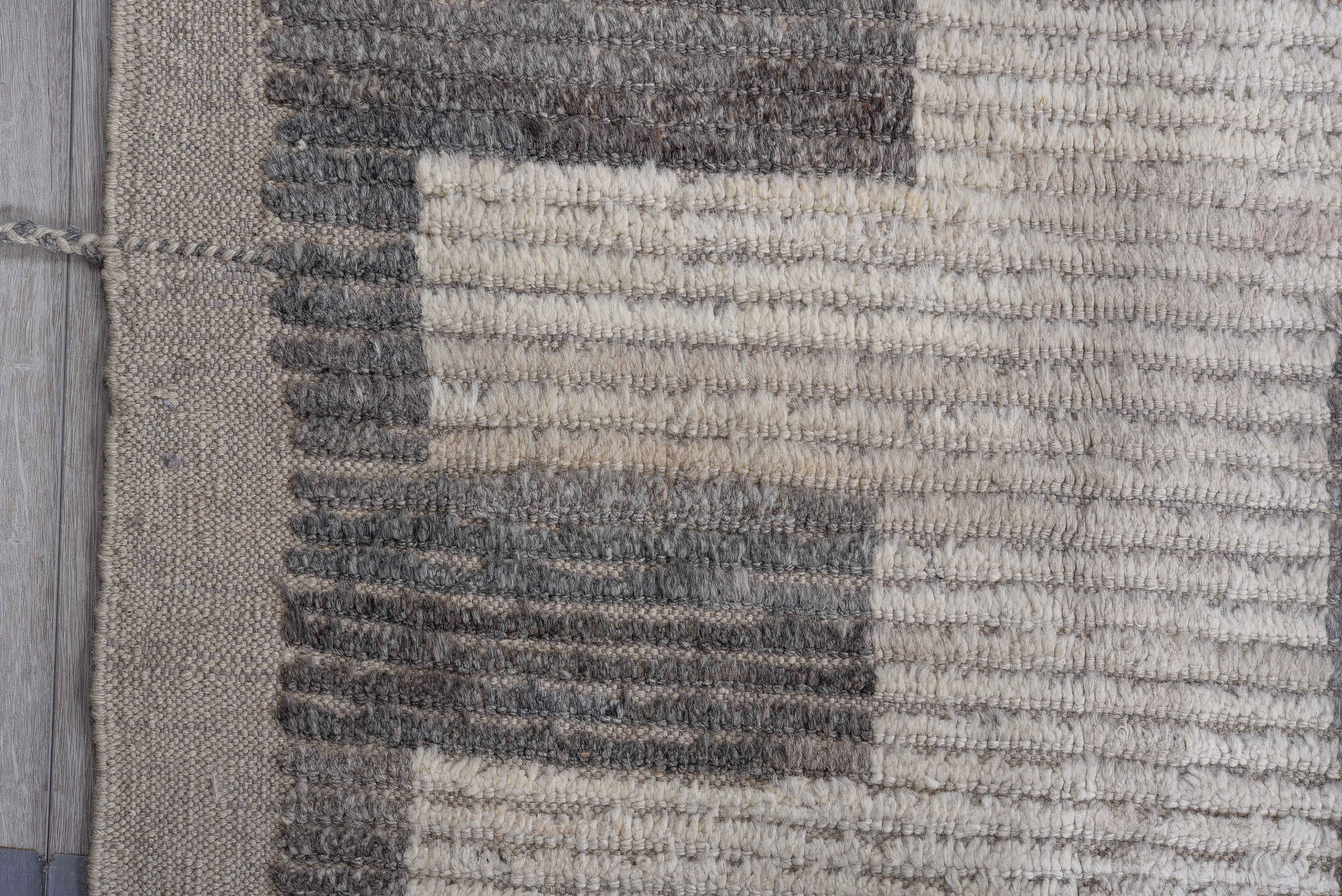 13' x 17' one-of-a-kind handmade vintage Tulu oversize rug. Color palette: ivory, taupe, blush, charcoal, gray, rose, beige