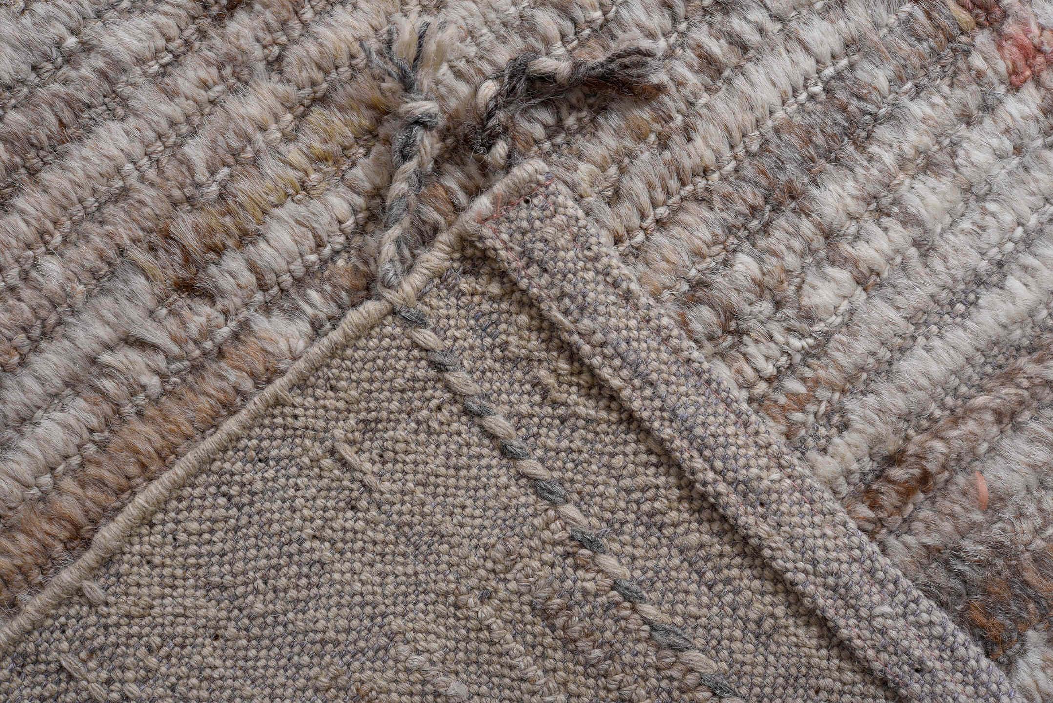 13' x 17' one-of-a-kind handmade vintage Tulu oversize rug. Color palette: ivory, taupe, blush, charcoal, gray, rose, beige