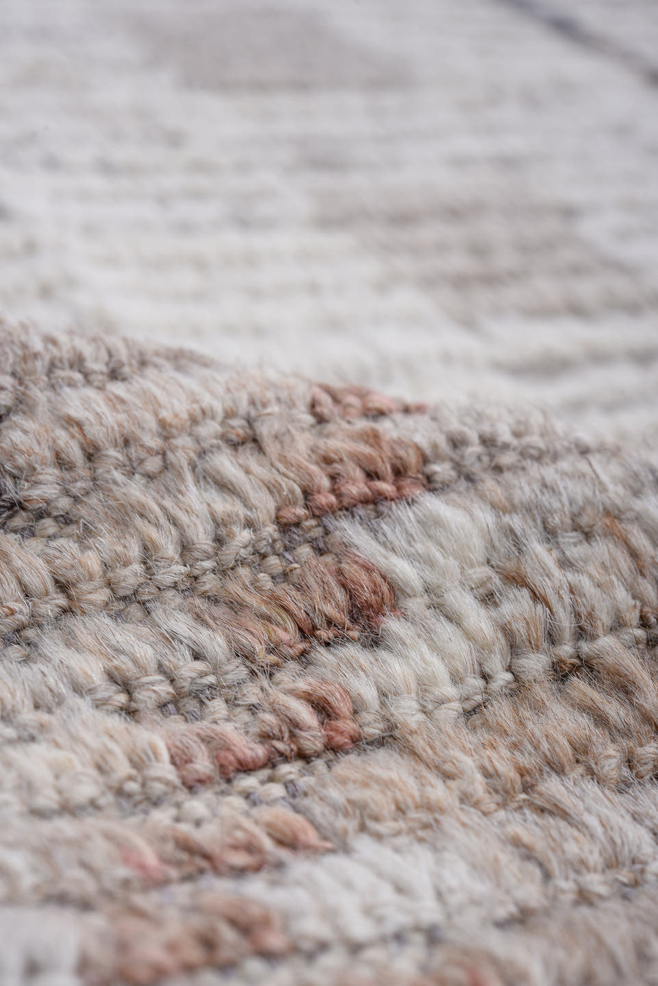 13' x 17' one-of-a-kind handmade vintage Tulu oversize rug. Color palette: ivory, taupe, blush, charcoal, gray, rose, beige