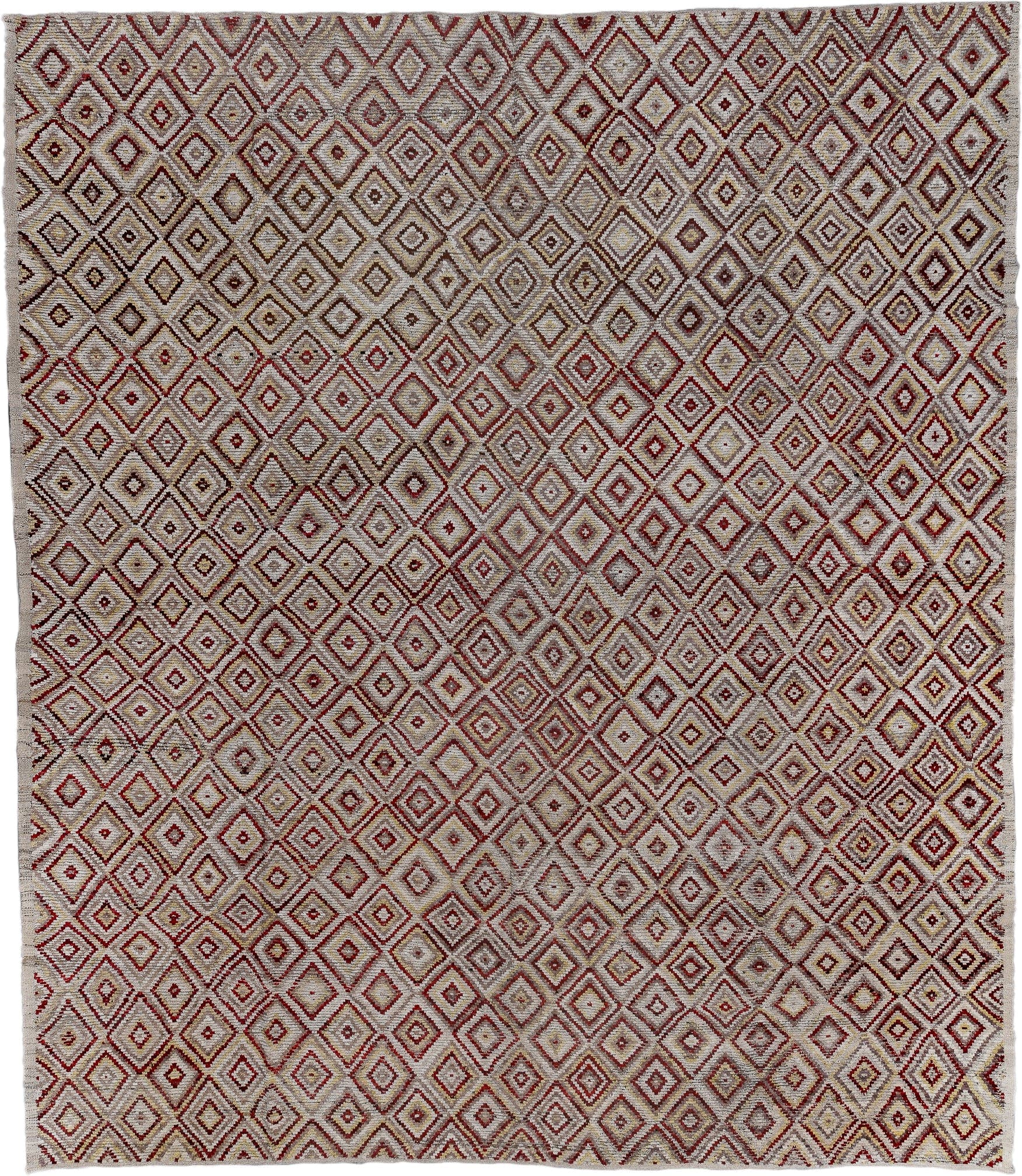 14' x 16' one-of-a-kind handmade vintage Tulu oversize rug. Color palette: ivory, rust, burgundy, camel, taupe, terracotta