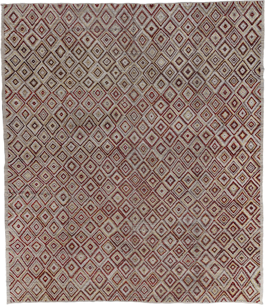 14' x 16' one-of-a-kind handmade vintage Tulu oversize rug. Color palette: ivory, rust, burgundy, camel, taupe, terracotta