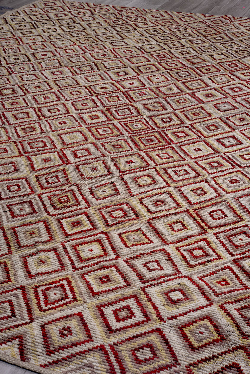 14' x 16' one-of-a-kind handmade vintage Tulu oversize rug. Color palette: ivory, rust, burgundy, camel, taupe, terracotta