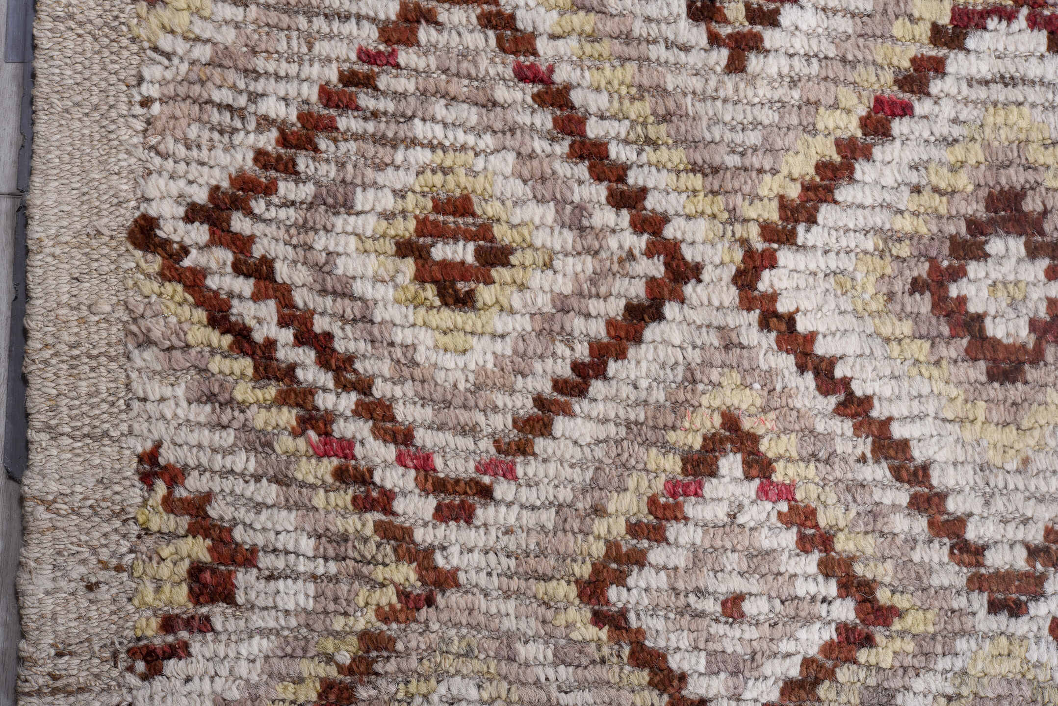 14' x 16' one-of-a-kind handmade vintage Tulu oversize rug. Color palette: ivory, rust, burgundy, camel, taupe, terracotta
