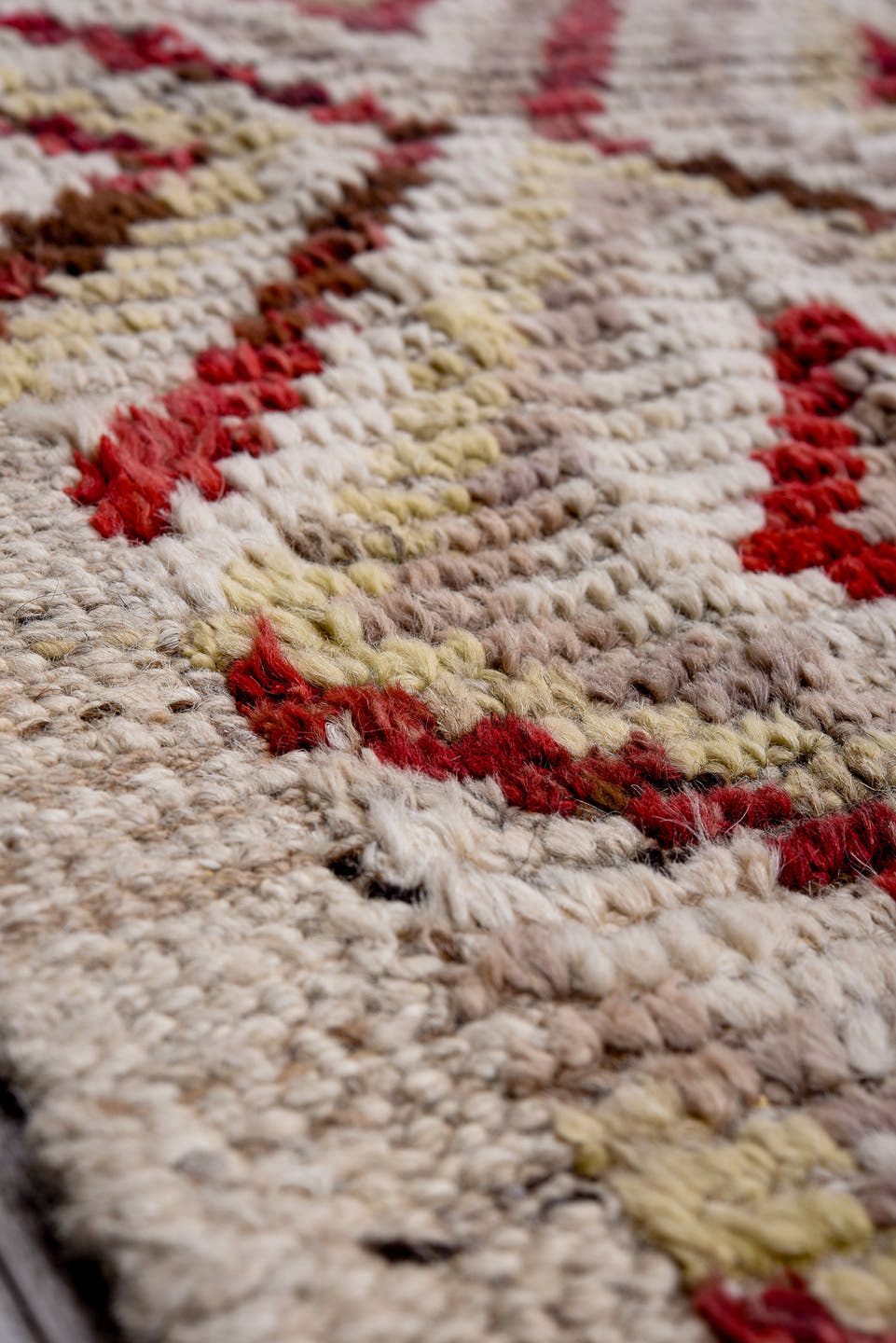 14' x 16' one-of-a-kind handmade vintage Tulu oversize rug. Color palette: ivory, rust, burgundy, camel, taupe, terracotta