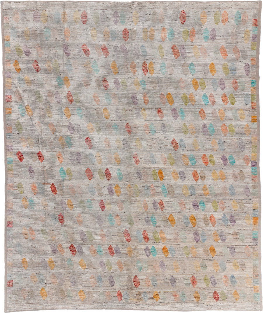 13' x 16' one-of-a-kind handmade vintage Tulu oversize rug. Color palette: ivory, taupe, coral, aqua, gold, sage, lavender