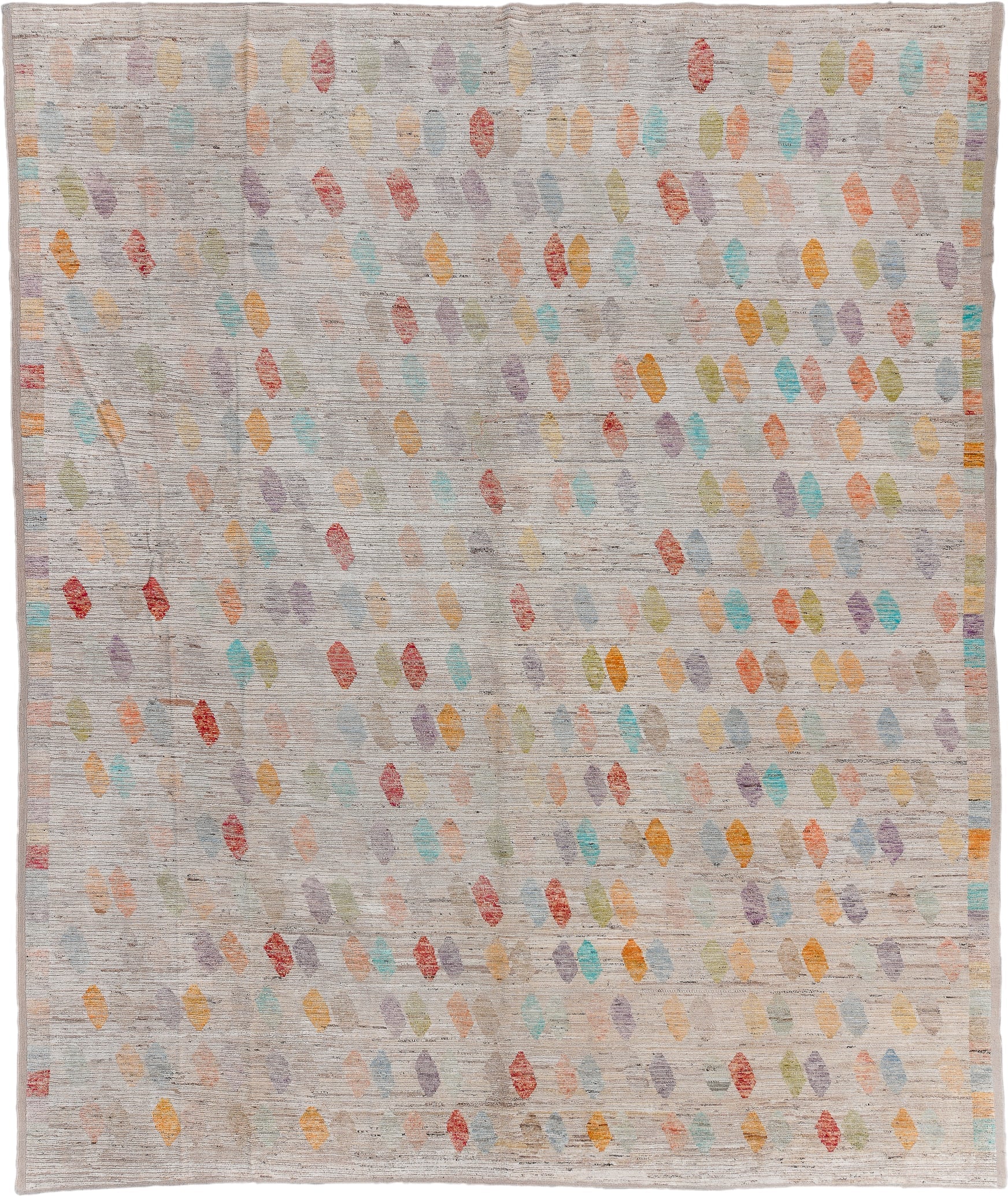 13' x 16' one-of-a-kind handmade vintage Tulu oversize rug. Color palette: ivory, taupe, coral, aqua, gold, sage, lavender