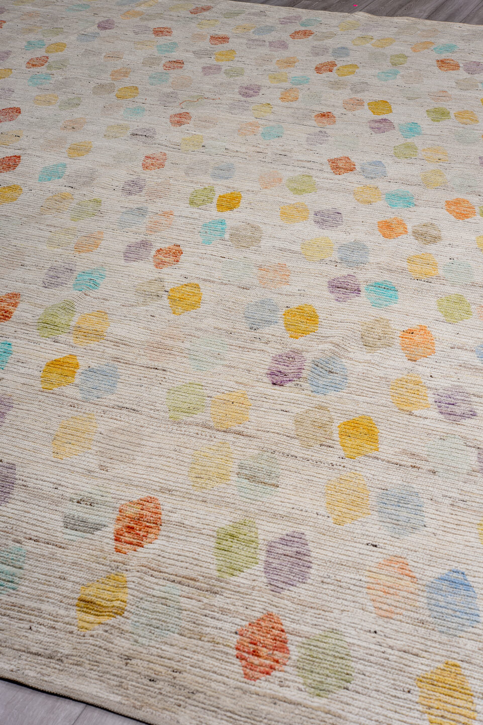 13' x 16' one-of-a-kind handmade vintage Tulu oversize rug. Color palette: ivory, taupe, coral, aqua, gold, sage, lavender
