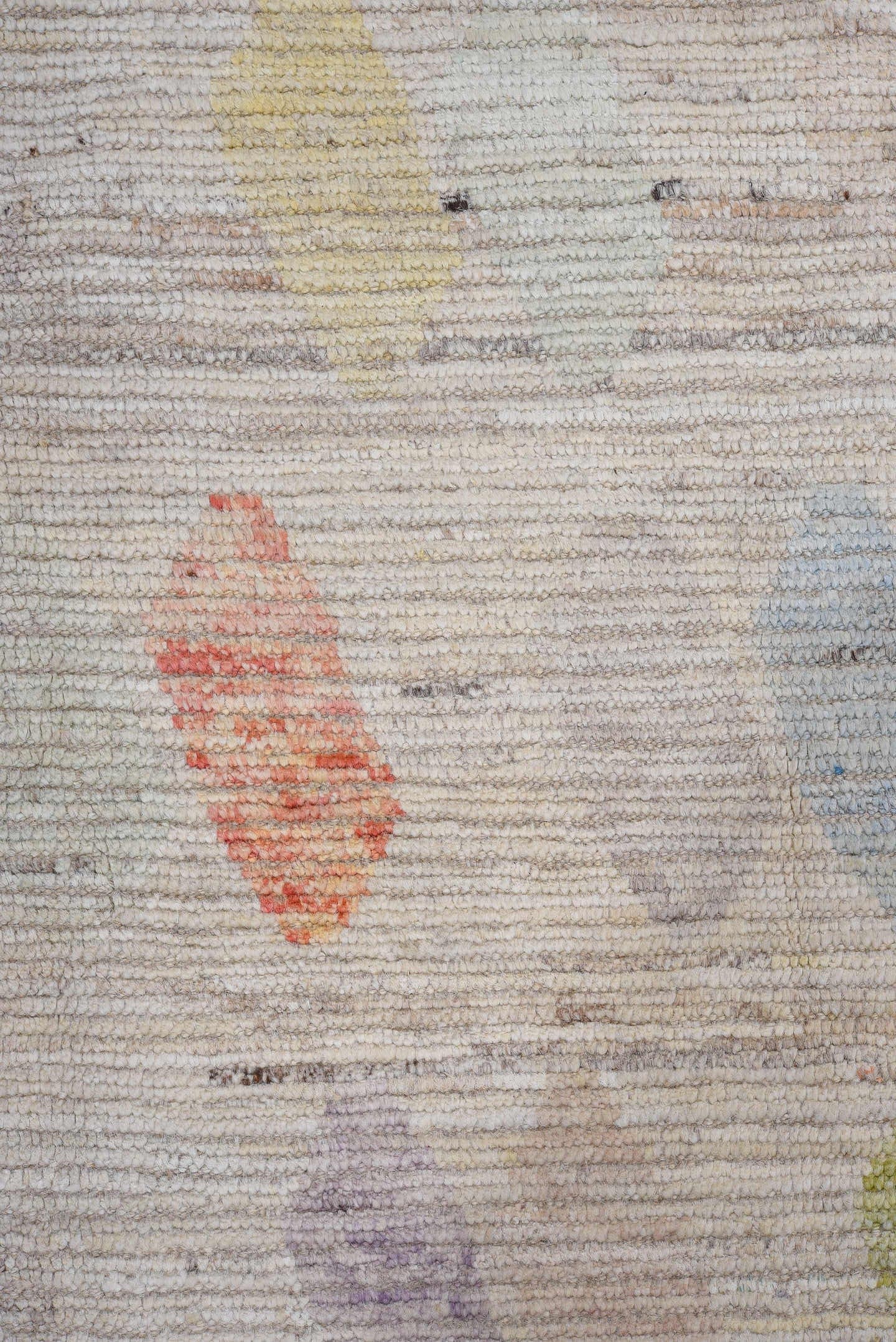 13' x 16' one-of-a-kind handmade vintage Tulu oversize rug. Color palette: ivory, taupe, coral, aqua, gold, sage, lavender