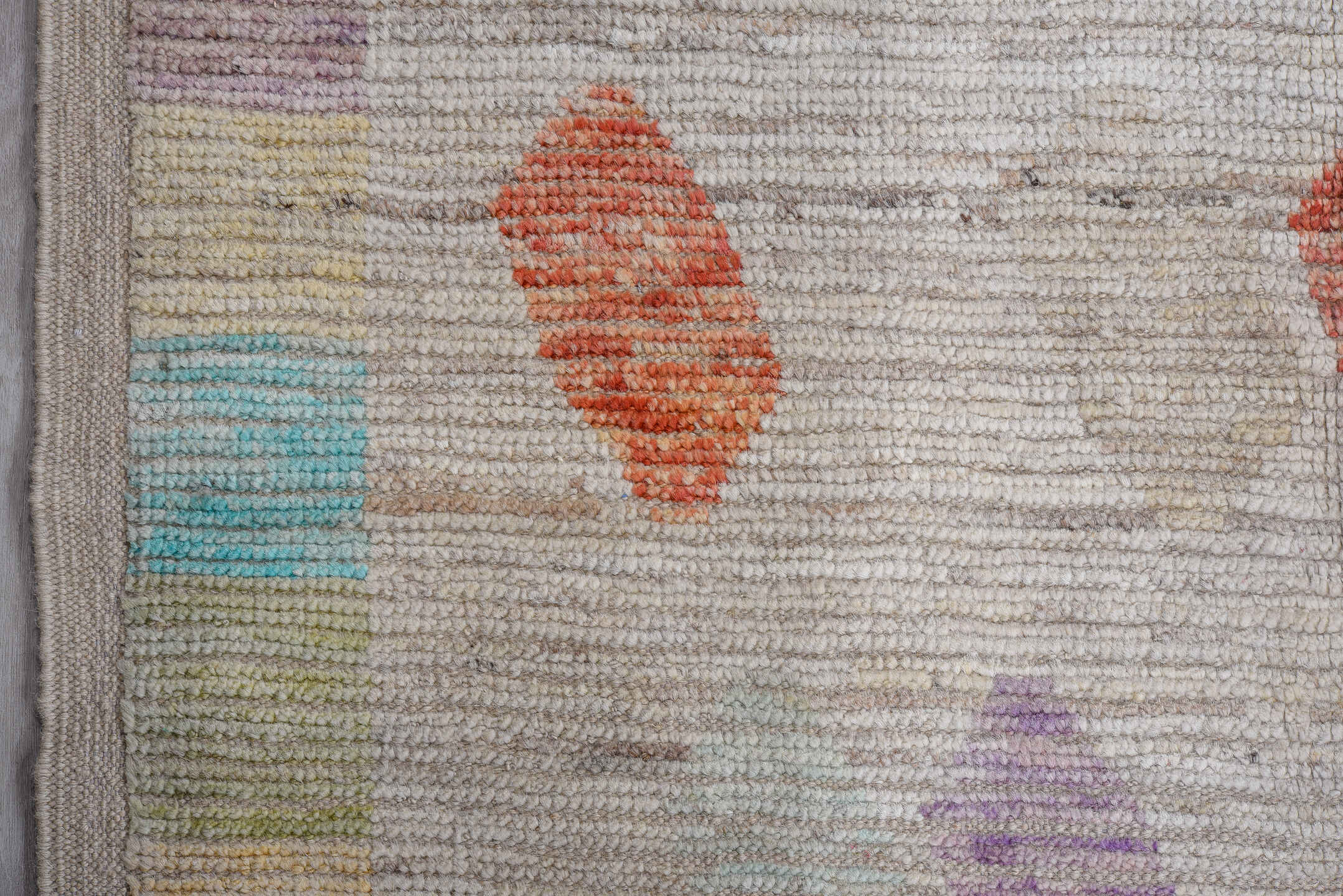 13' x 16' one-of-a-kind handmade vintage Tulu oversize rug. Color palette: ivory, taupe, coral, aqua, gold, sage, lavender