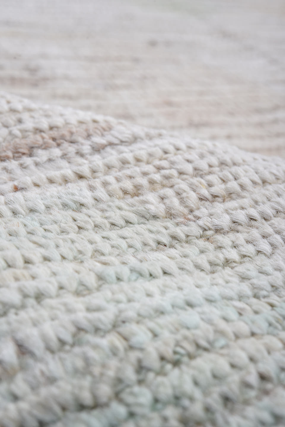 13' x 16' one-of-a-kind handmade vintage Tulu oversize rug. Color palette: ivory, taupe, coral, aqua, gold, sage, lavender