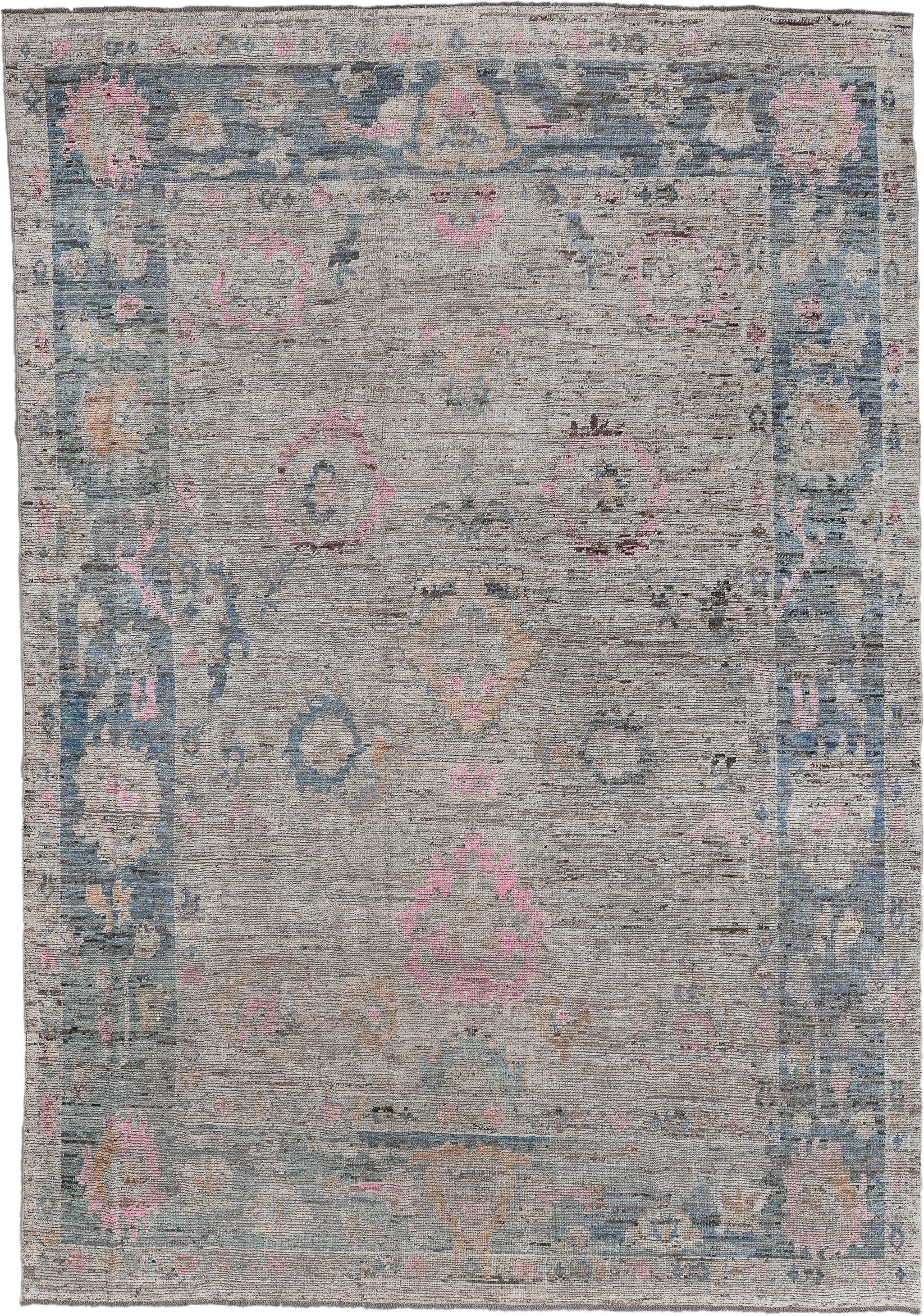 10' x 14' one-of-a-kind handmade vintage Oushak rug. Color palette: gray, powder blue, blush, beige, ivory, taupe, charcoal
