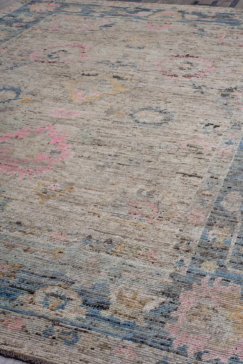 10' x 14' one-of-a-kind handmade vintage Oushak rug. Color palette: gray, powder blue, blush, beige, ivory, taupe, charcoal