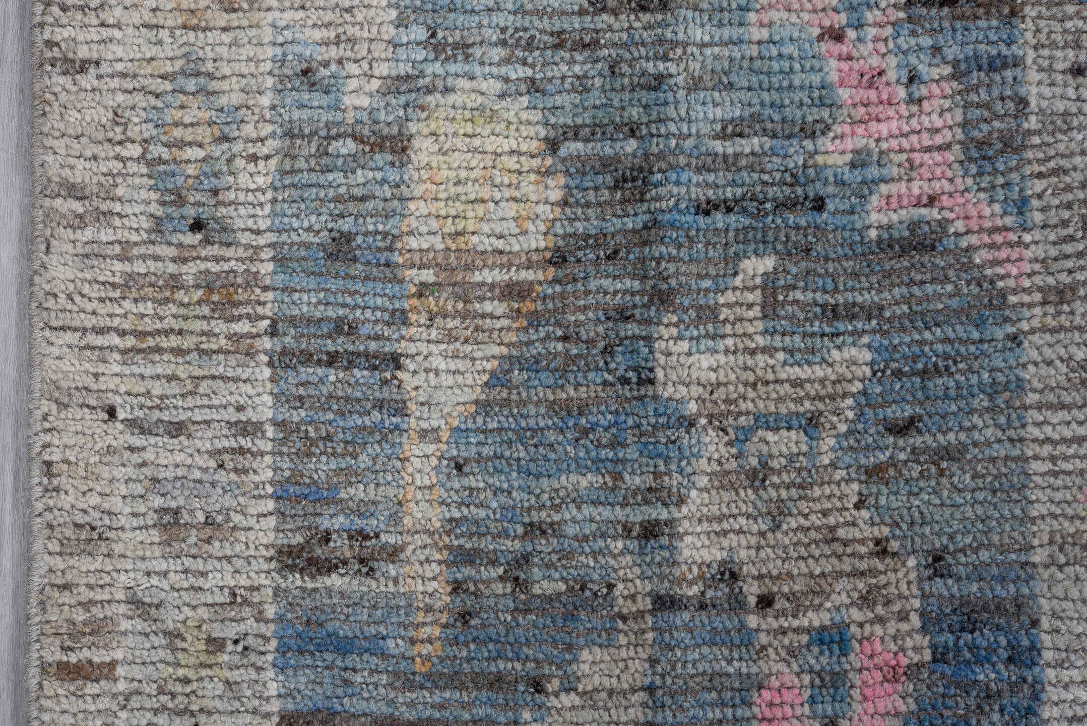 10' x 14' one-of-a-kind handmade vintage Oushak rug. Color palette: gray, powder blue, blush, beige, ivory, taupe, charcoal