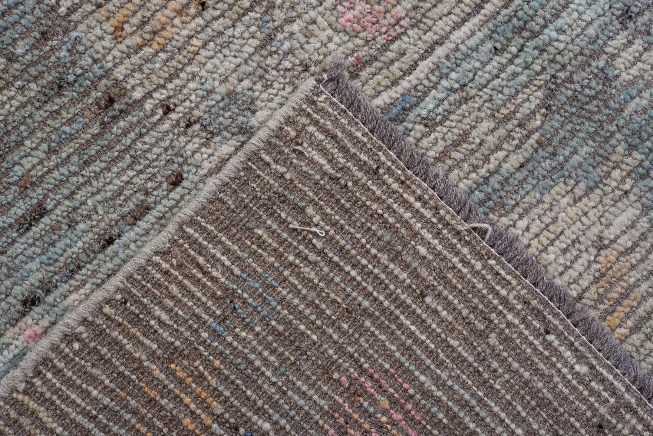 10' x 14' one-of-a-kind handmade vintage Oushak rug. Color palette: gray, powder blue, blush, beige, ivory, taupe, charcoal