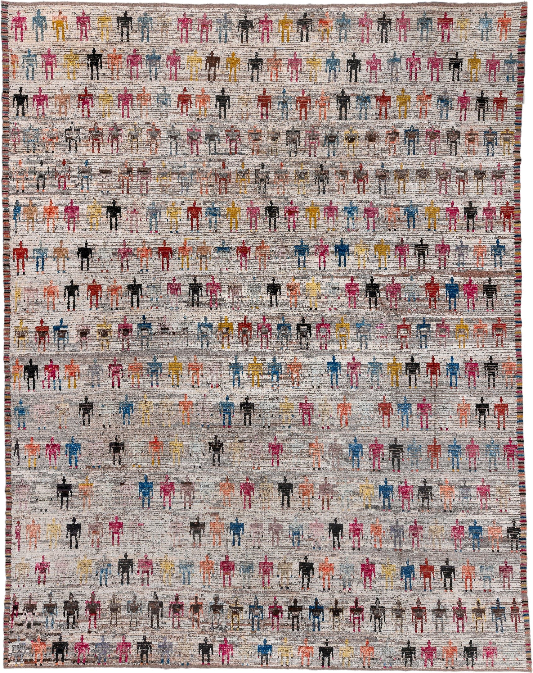 13' x 16' one-of-a-kind handmade vintage Tulu oversize rug. Color palette: ivory, gray, pink, charcoal, sky blue, gold