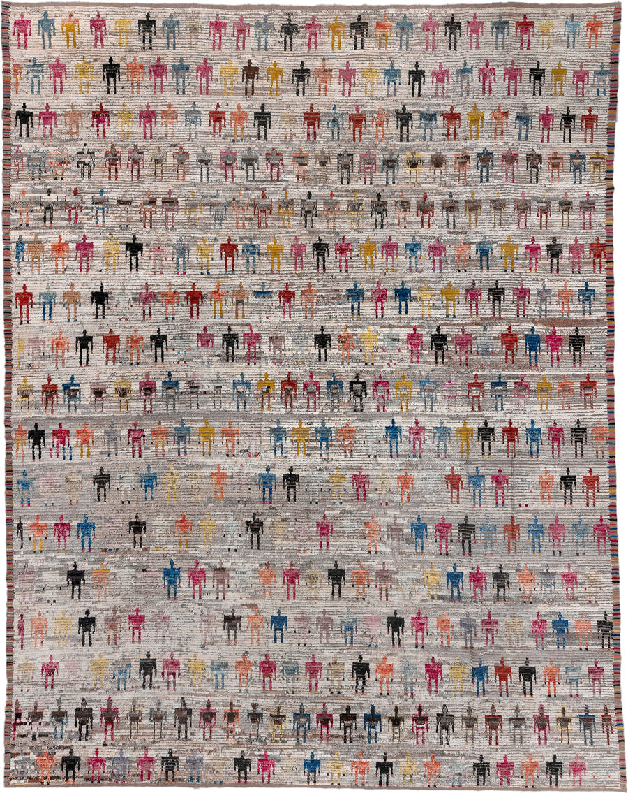 13' x 16' one-of-a-kind handmade vintage Tulu oversize rug. Color palette: ivory, gray, pink, charcoal, sky blue, gold