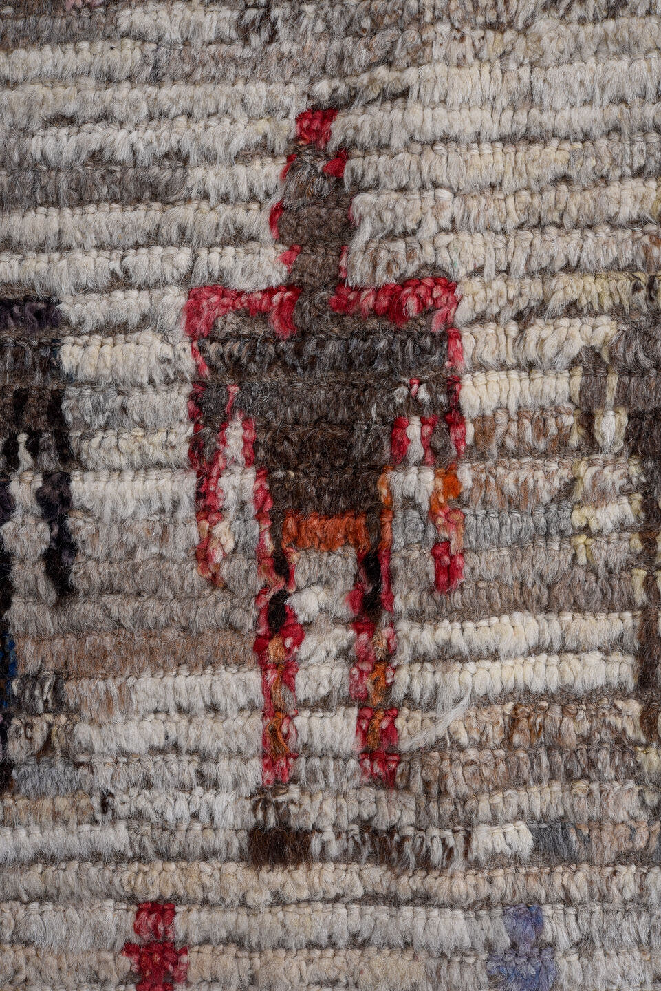 13' x 16' one-of-a-kind handmade vintage Tulu oversize rug. Color palette: ivory, gray, pink, charcoal, sky blue, gold