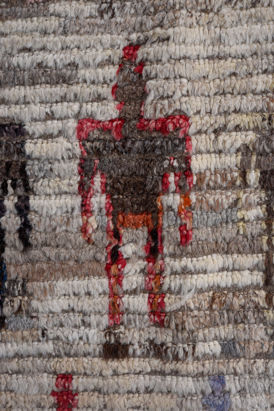 13' x 16' one-of-a-kind handmade vintage Tulu oversize rug. Color palette: ivory, gray, pink, charcoal, sky blue, gold