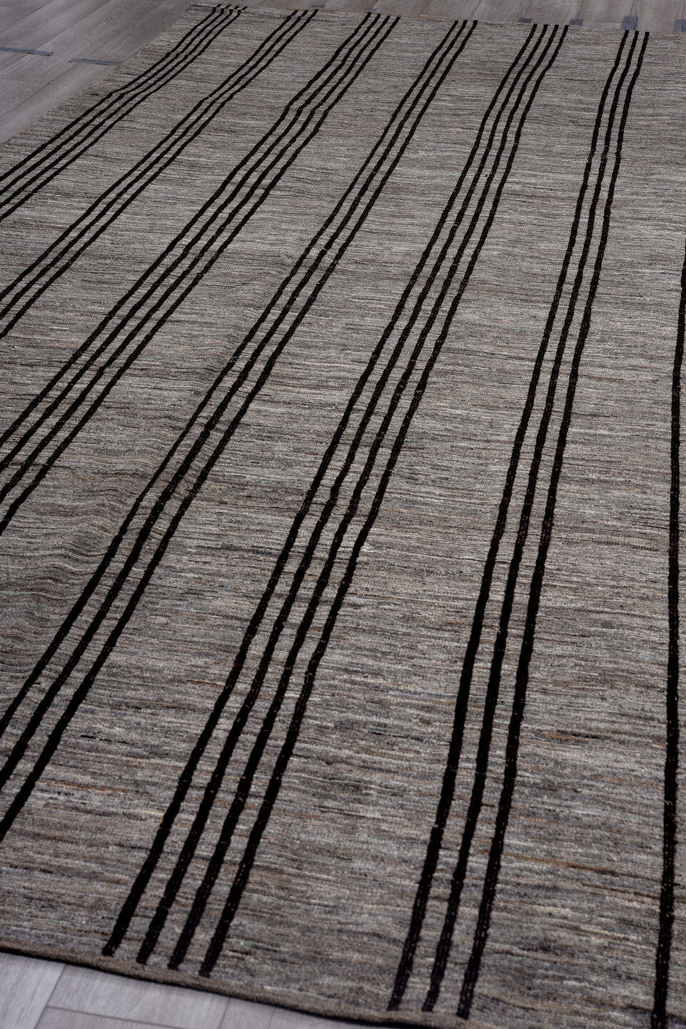 6' x 15' one-of-a-kind handmade vintage Tulu rug. Color palette: gray, charcoal, taupe, black, beige