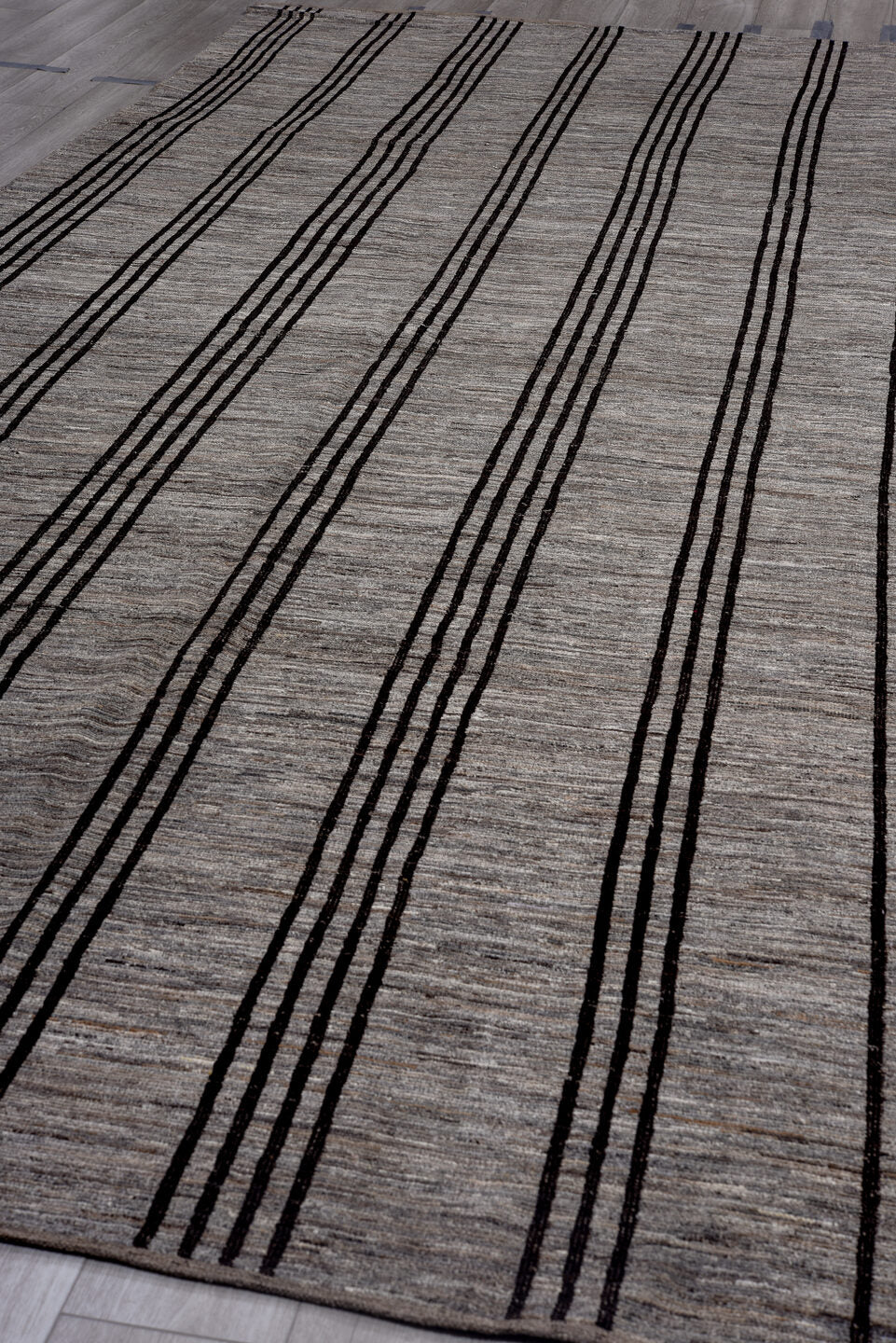 6' x 15' one-of-a-kind handmade vintage Tulu rug. Color palette: gray, charcoal, taupe, black, beige