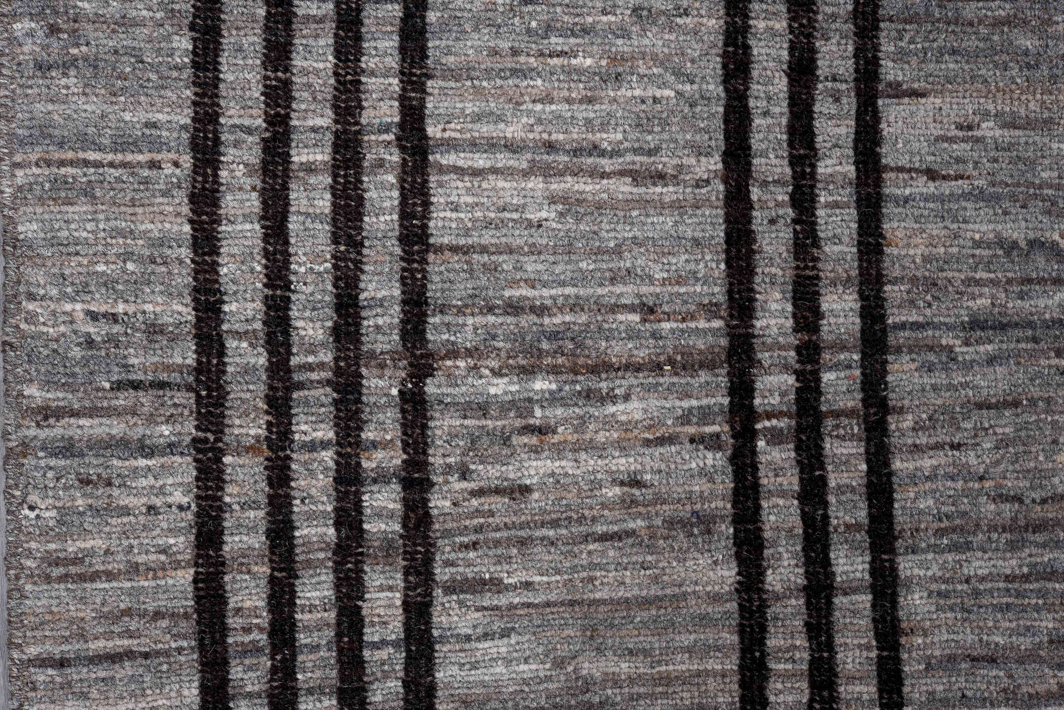 6' x 15' one-of-a-kind handmade vintage Tulu rug. Color palette: gray, charcoal, taupe, black, beige