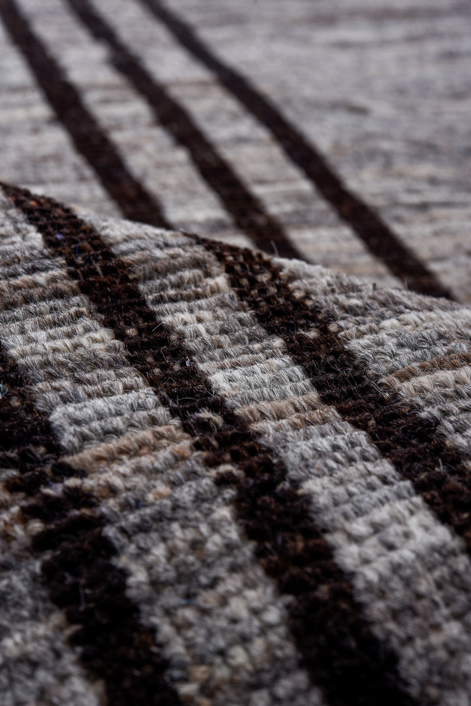 6' x 15' one-of-a-kind handmade vintage Tulu rug. Color palette: gray, charcoal, taupe, black, beige
