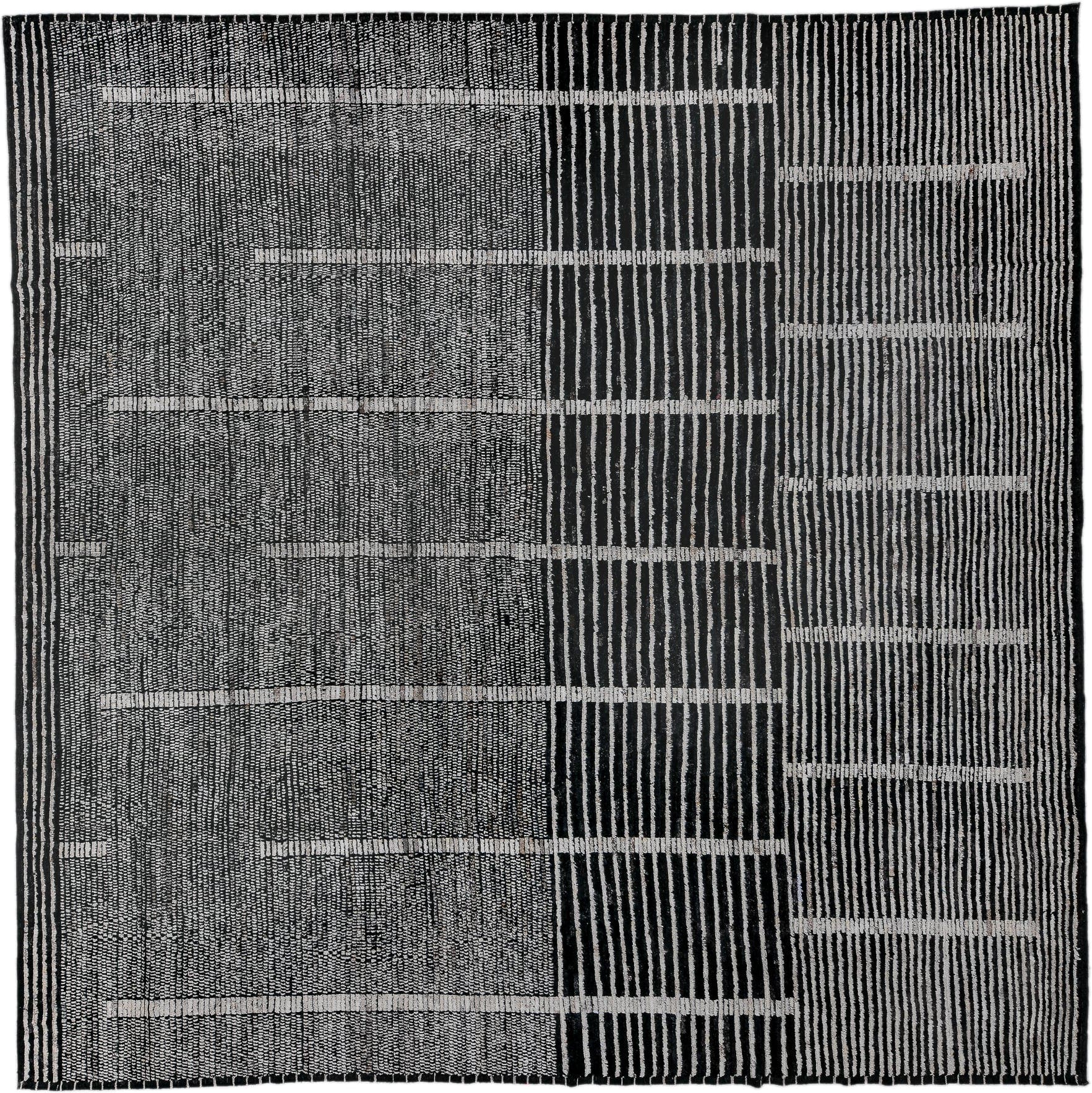13' x 13' one-of-a-kind handmade vintage Tulu oversize rug. Color palette: charcoal, ivory, gray, black