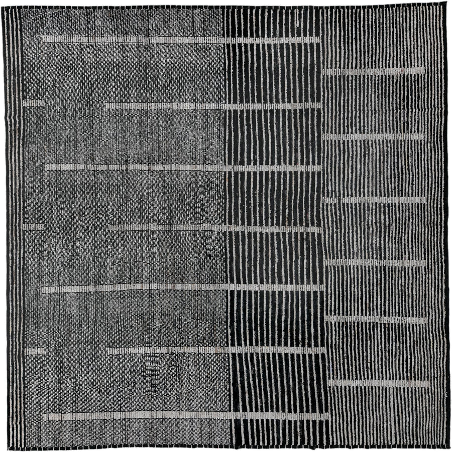 13' x 13' one-of-a-kind handmade vintage Tulu oversize rug. Color palette: charcoal, ivory, gray, black