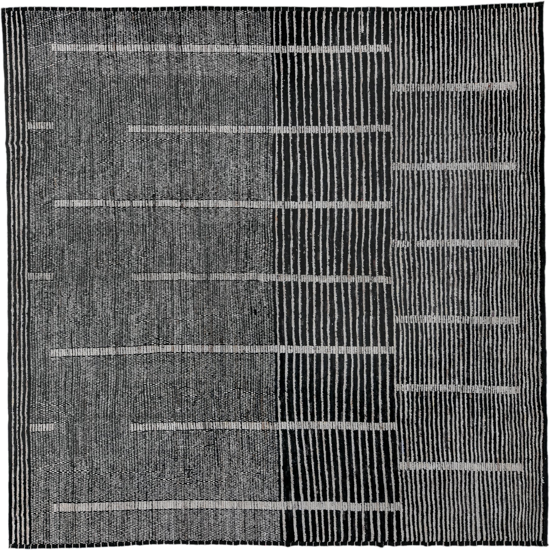 13' x 13' one-of-a-kind handmade vintage Tulu oversize rug. Color palette: charcoal, ivory, gray, black