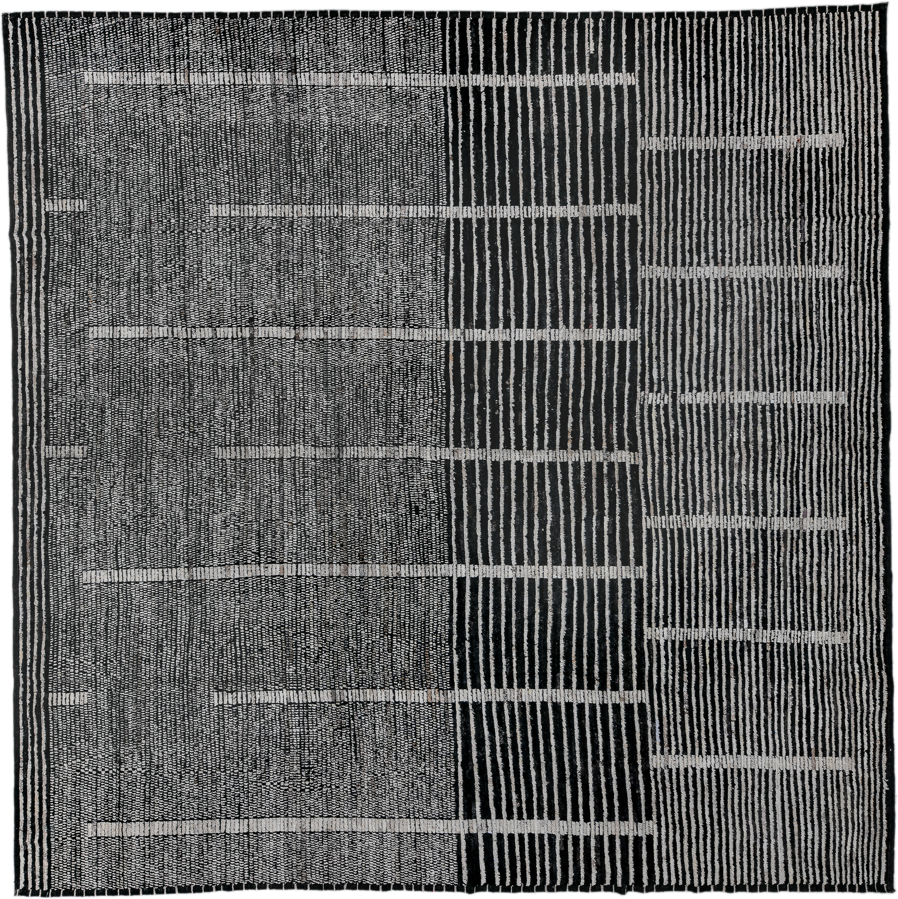 13' x 13' one-of-a-kind handmade vintage Tulu oversize rug. Color palette: charcoal, ivory, gray, black