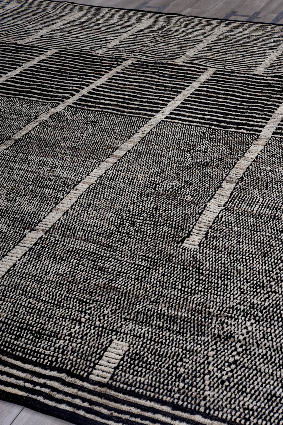 13' x 13' one-of-a-kind handmade vintage Tulu oversize rug. Color palette: charcoal, ivory, gray, black