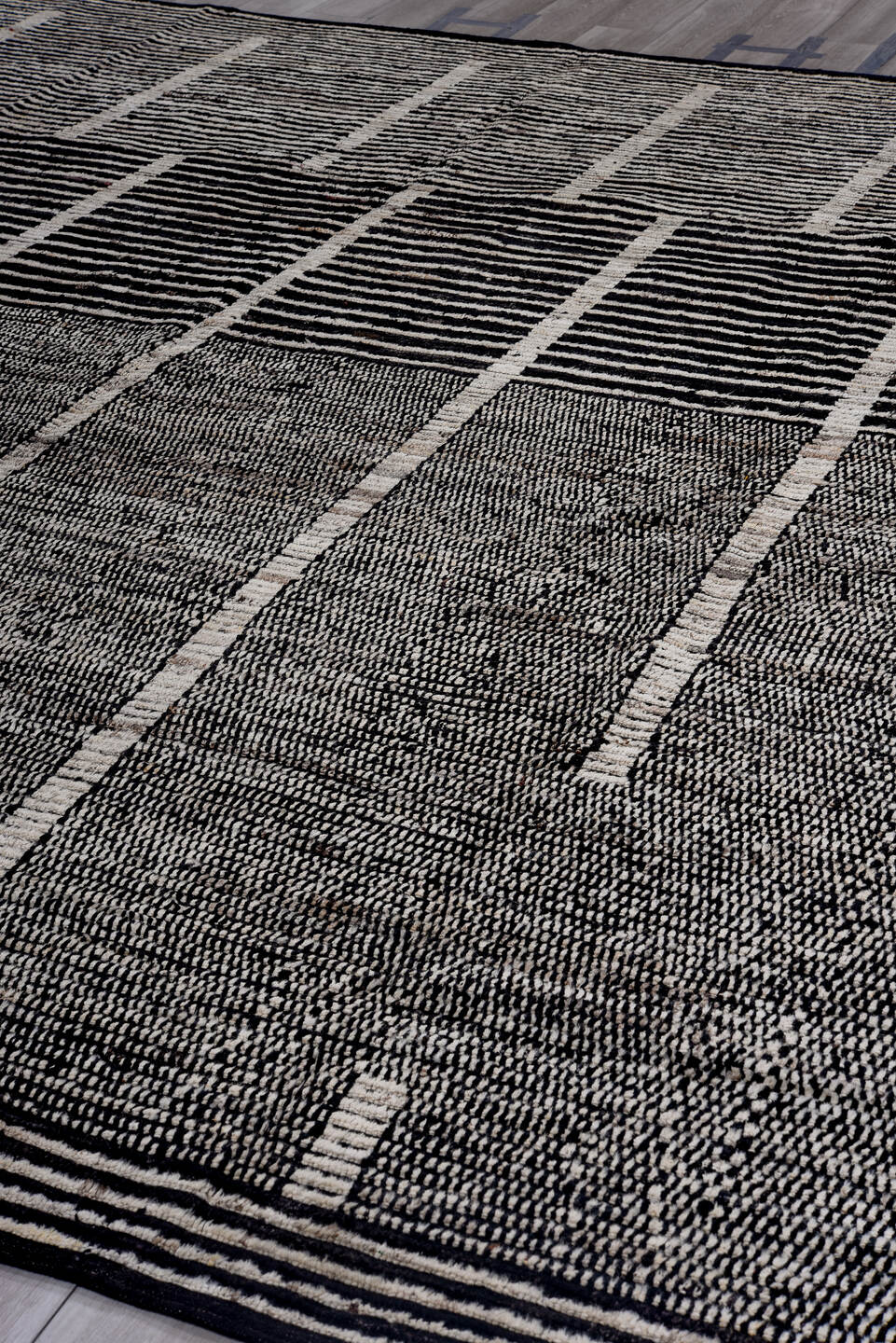 13' x 13' one-of-a-kind handmade vintage Tulu oversize rug. Color palette: charcoal, ivory, gray, black