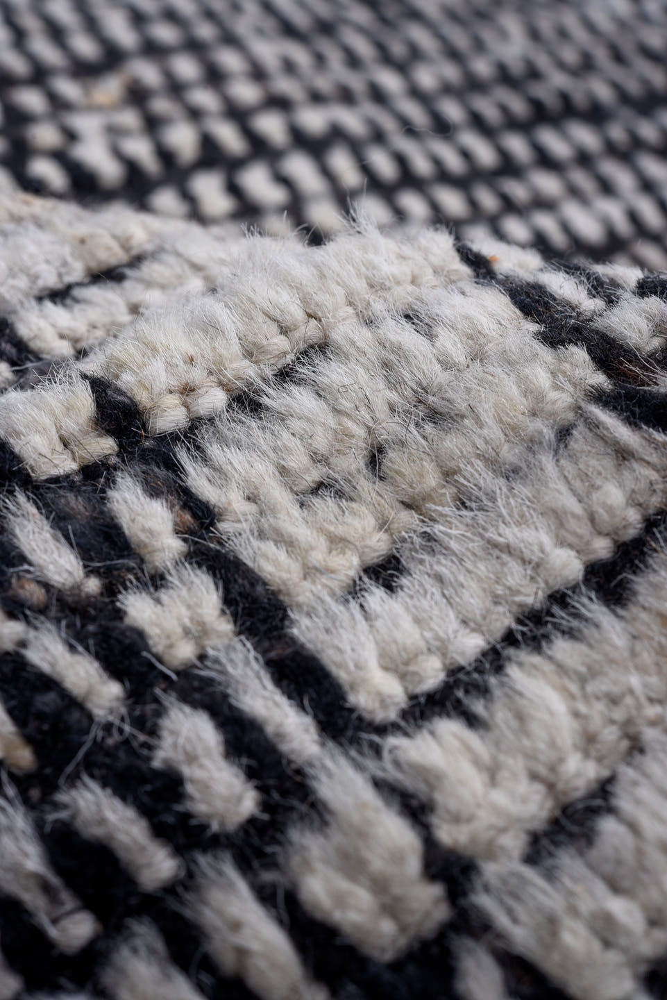 13' x 13' one-of-a-kind handmade vintage Tulu oversize rug. Color palette: charcoal, ivory, gray, black