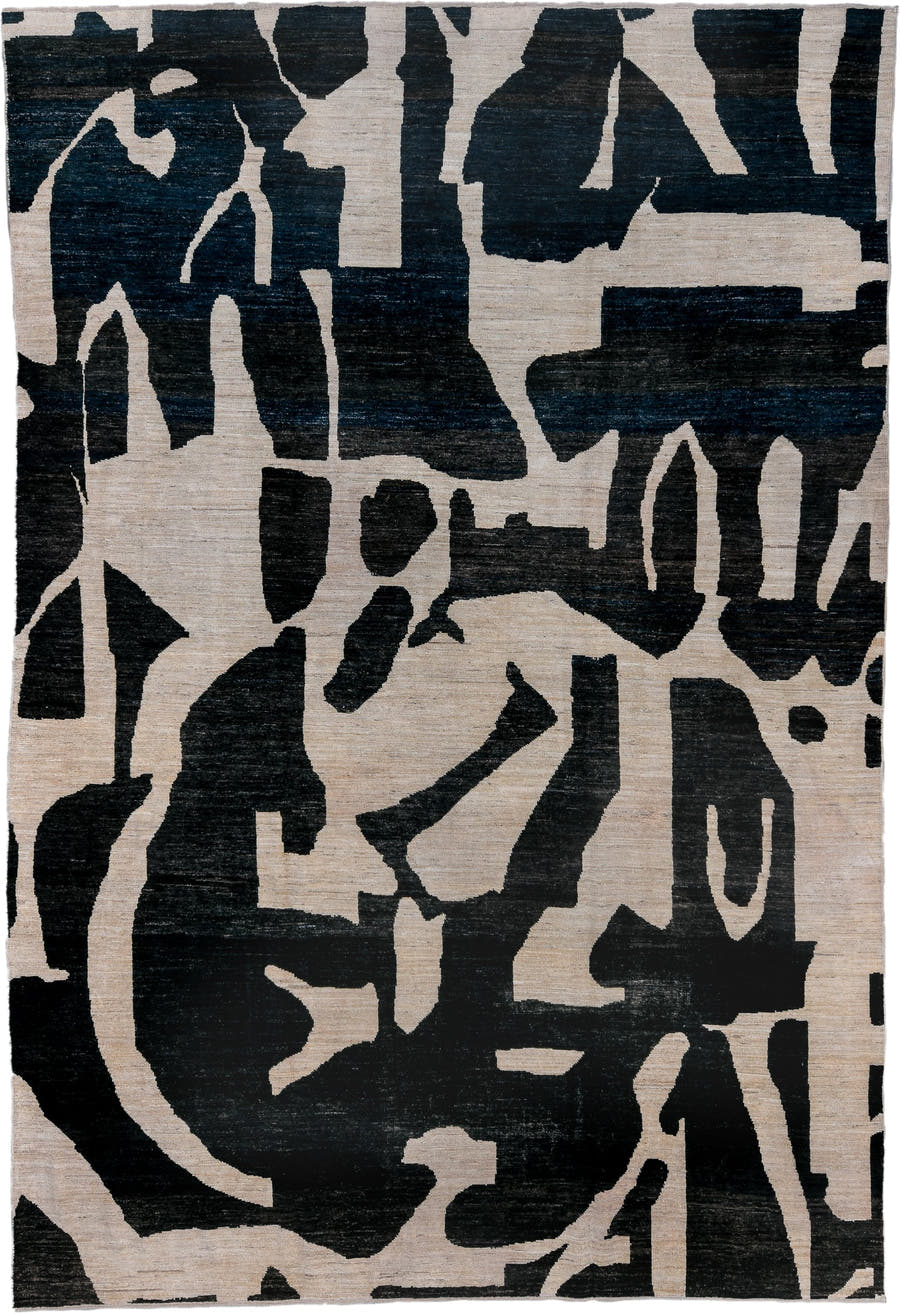 10' x 14' one-of-a-kind handmade vintage Tulu rug. Color palette: ivory, charcoal, black, slate, gray