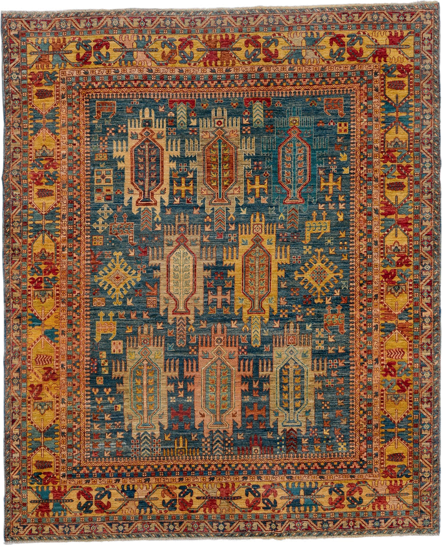 8' x 9' one-of-a-kind handmade vintage Afghan rug. Color palette: blue, gold, rust, ivory, teal, crimson, camel, brown