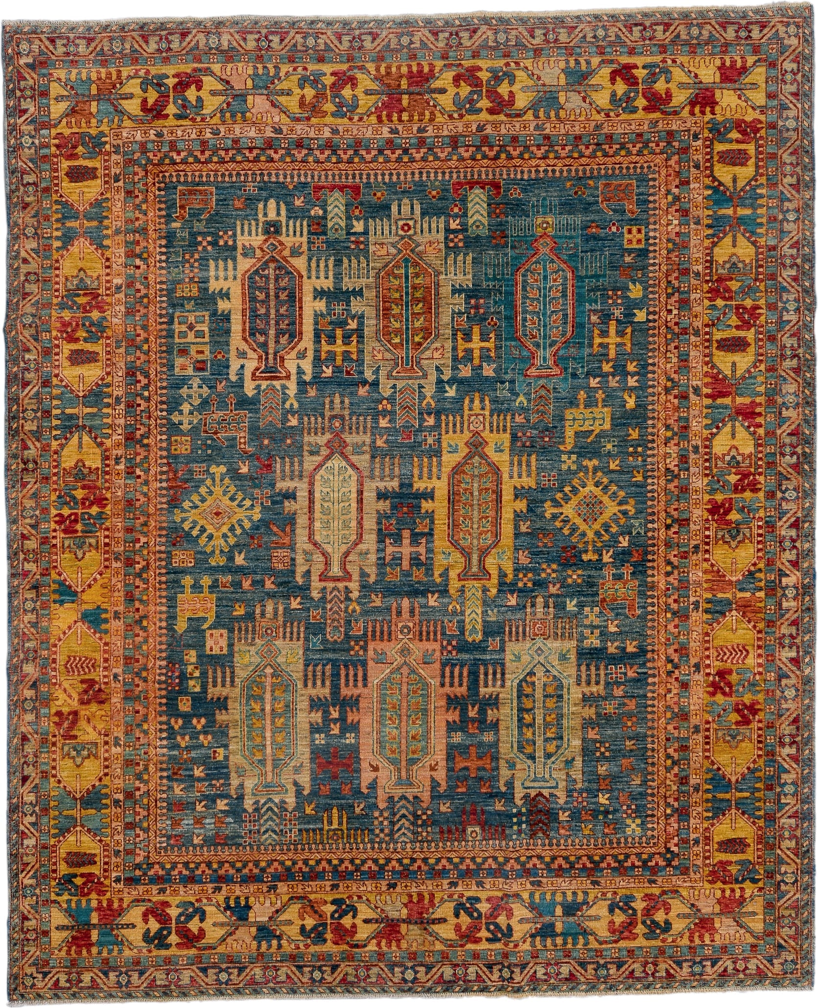 8' x 9' one-of-a-kind handmade vintage Afghan rug. Color palette: blue, gold, rust, ivory, teal, crimson, camel, brown
