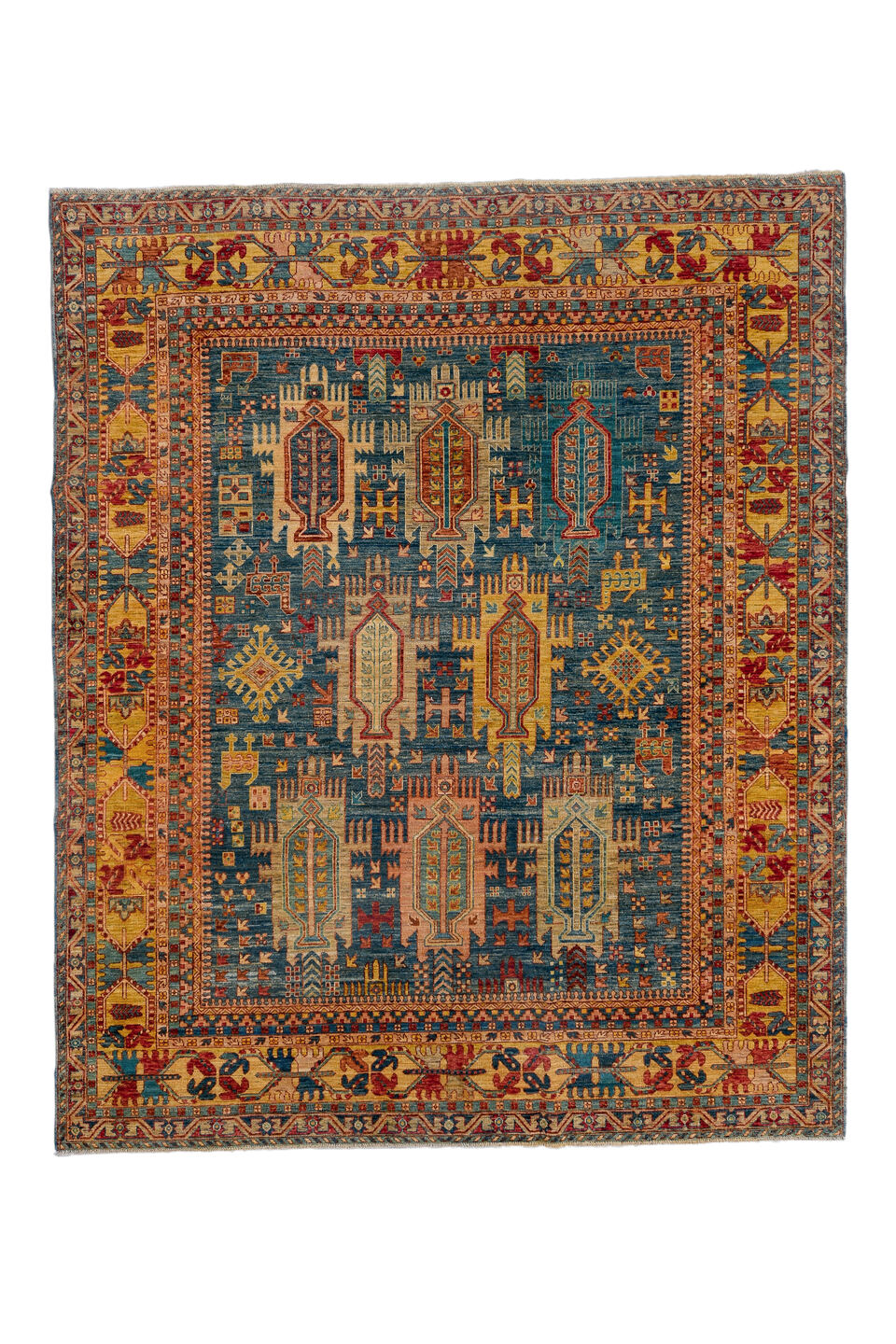 8' x 9' one-of-a-kind handmade vintage Afghan rug. Color palette: arapawa, black, blue, brown, charcoal, gray, light gray