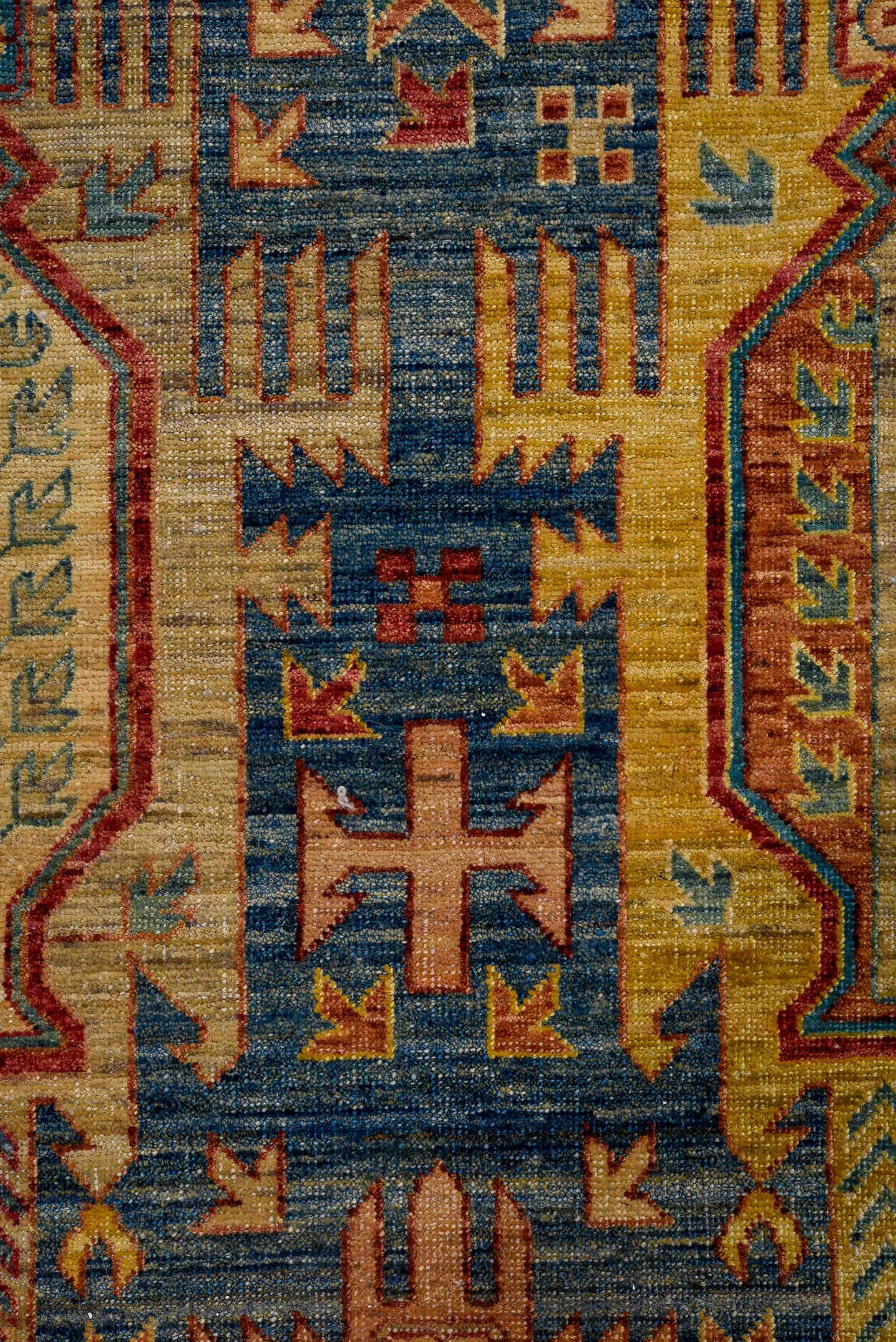 8' x 9' one-of-a-kind handmade vintage Afghan rug. Color palette: blue, gold, rust, ivory, teal, crimson, camel, brown