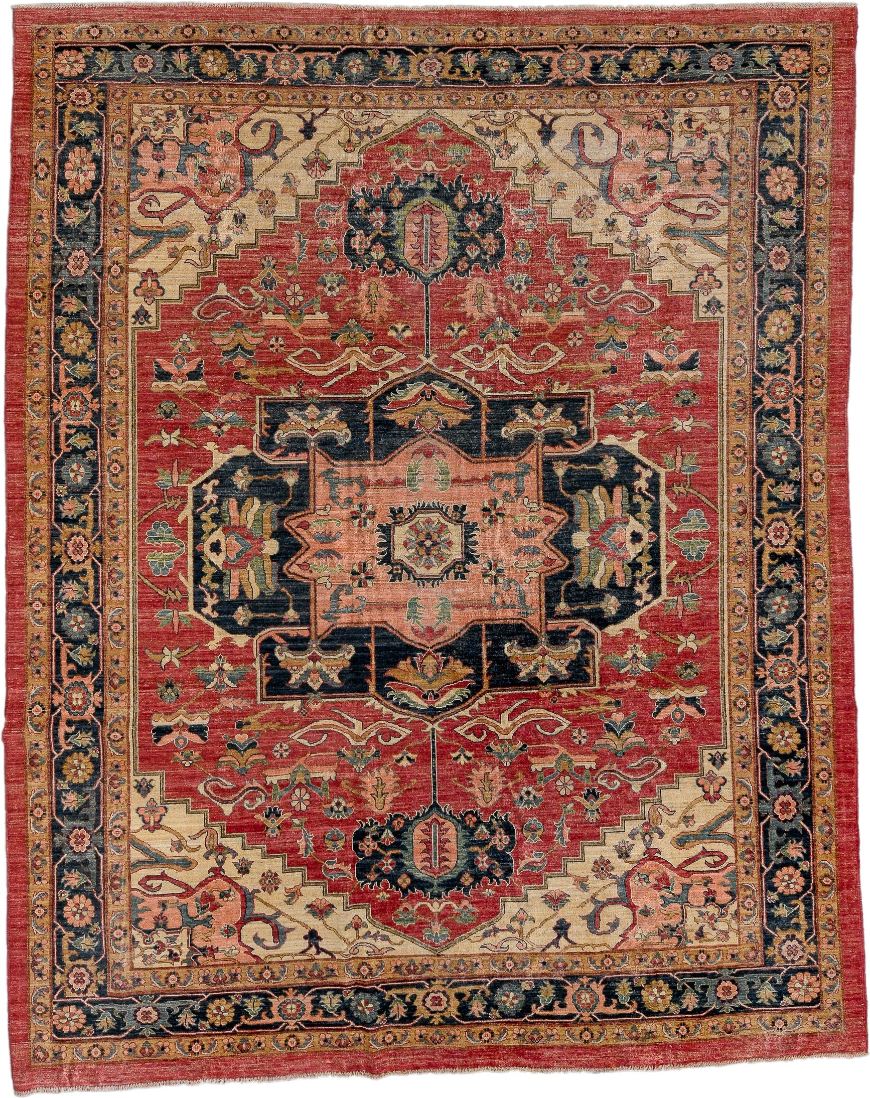 8' x 10' one-of-a-kind handmade vintage Afghan large size rug. Color palette: rust, navy, ivory, rose, camel, sage, gold