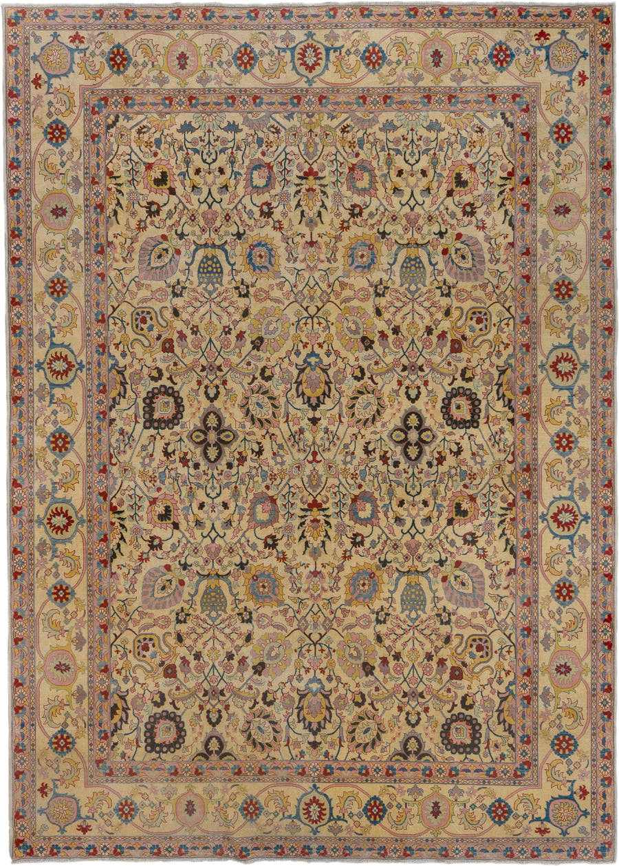 10' x 14' one-of-a-kind handmade vintage Afghan large size rug. Color palette: ivory, rose, sky blue, gold, rust, sage